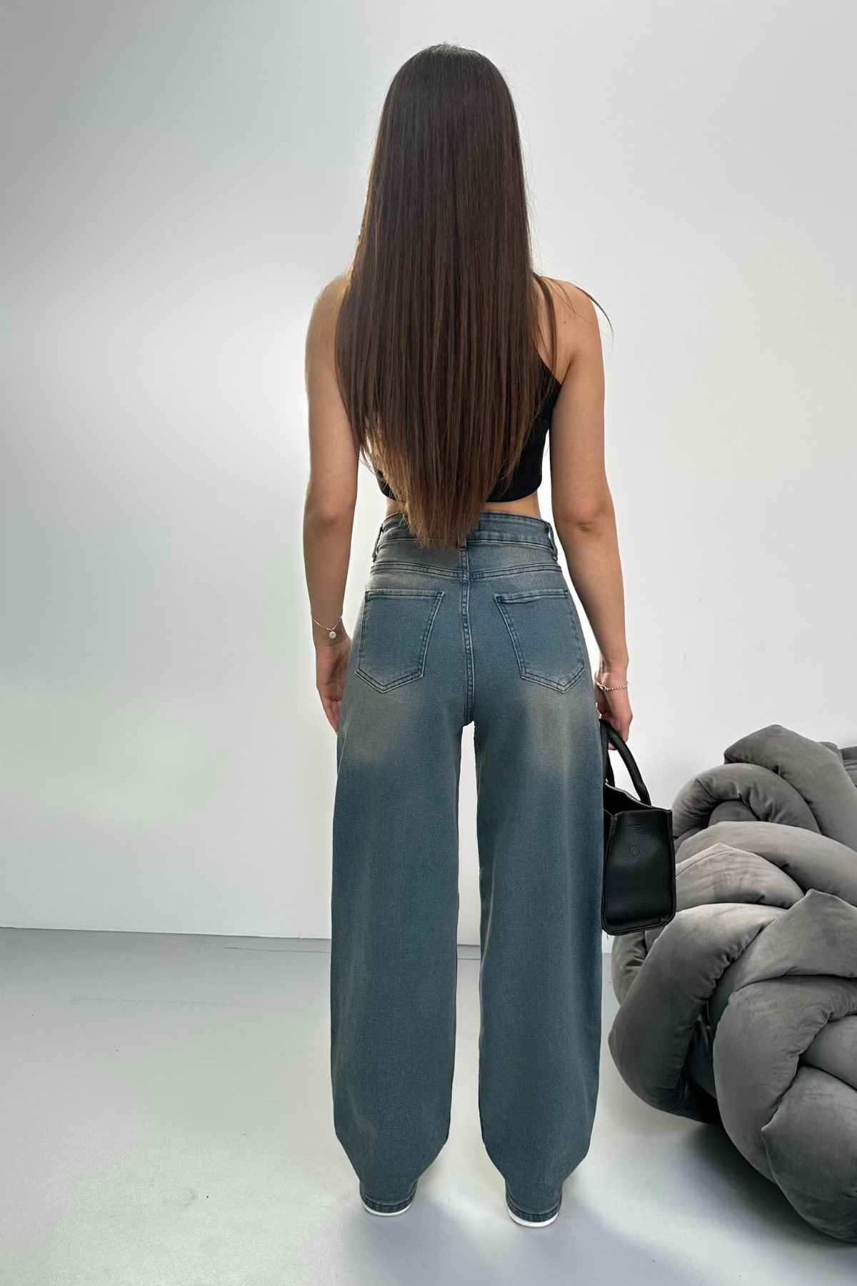 Kadın Soluk Efektli Bol Kesim Geniş Paça Rahat Baggy Jean Pantolon Mavi 6