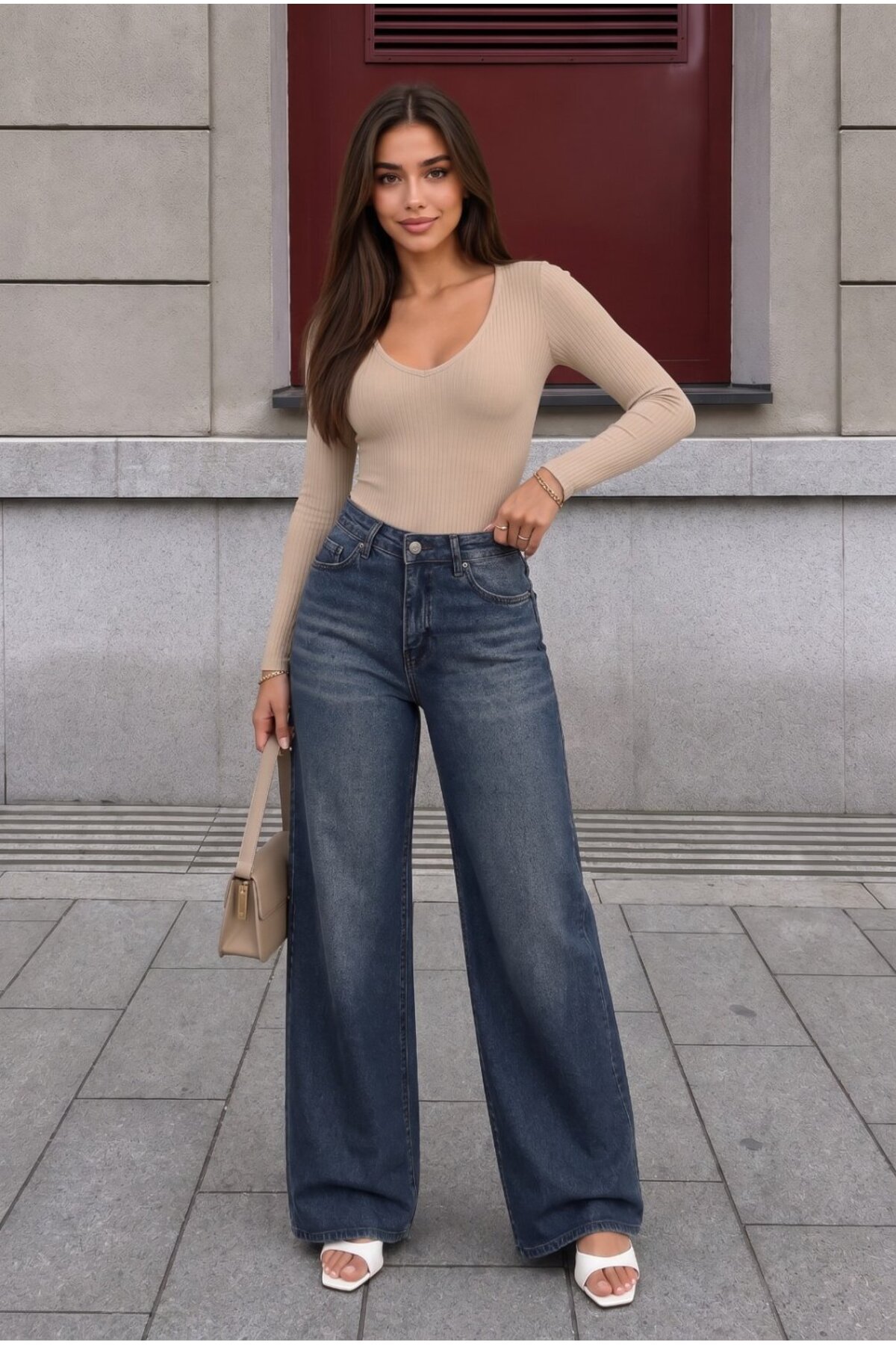Lacivert Soluk Efekt Vintage Yüksek Bel Wide Leg Geniş Paça with Lycra Jeans 4