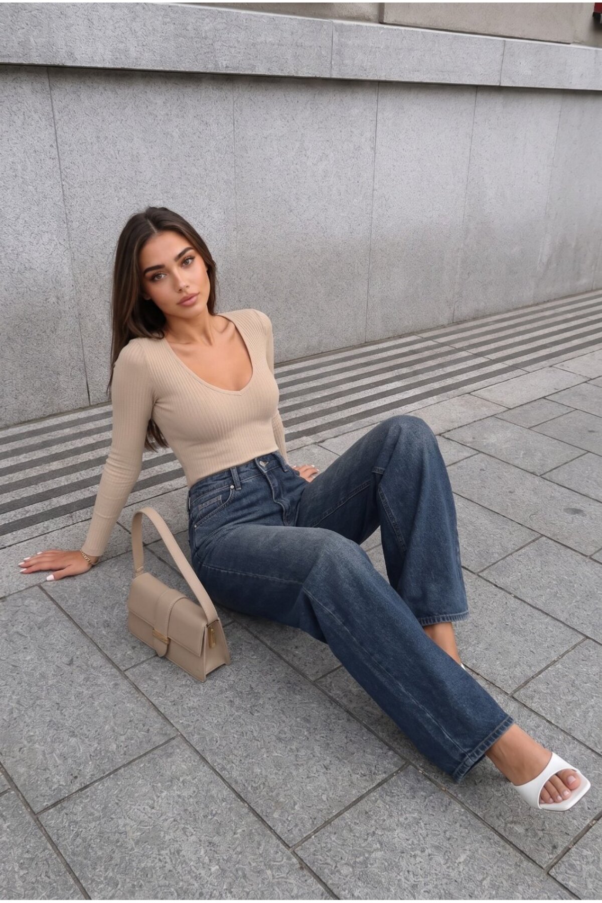 Lacivert Soluk Efekt Vintage Yüksek Bel Wide Leg Geniş Paça with Lycra Jeans 6