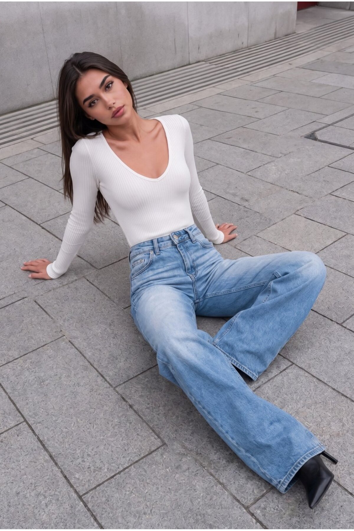 Mavi Soluk Efekt Vintage Yüksek Bel Wide Leg Geniş Paça with Lycra Jeans 7