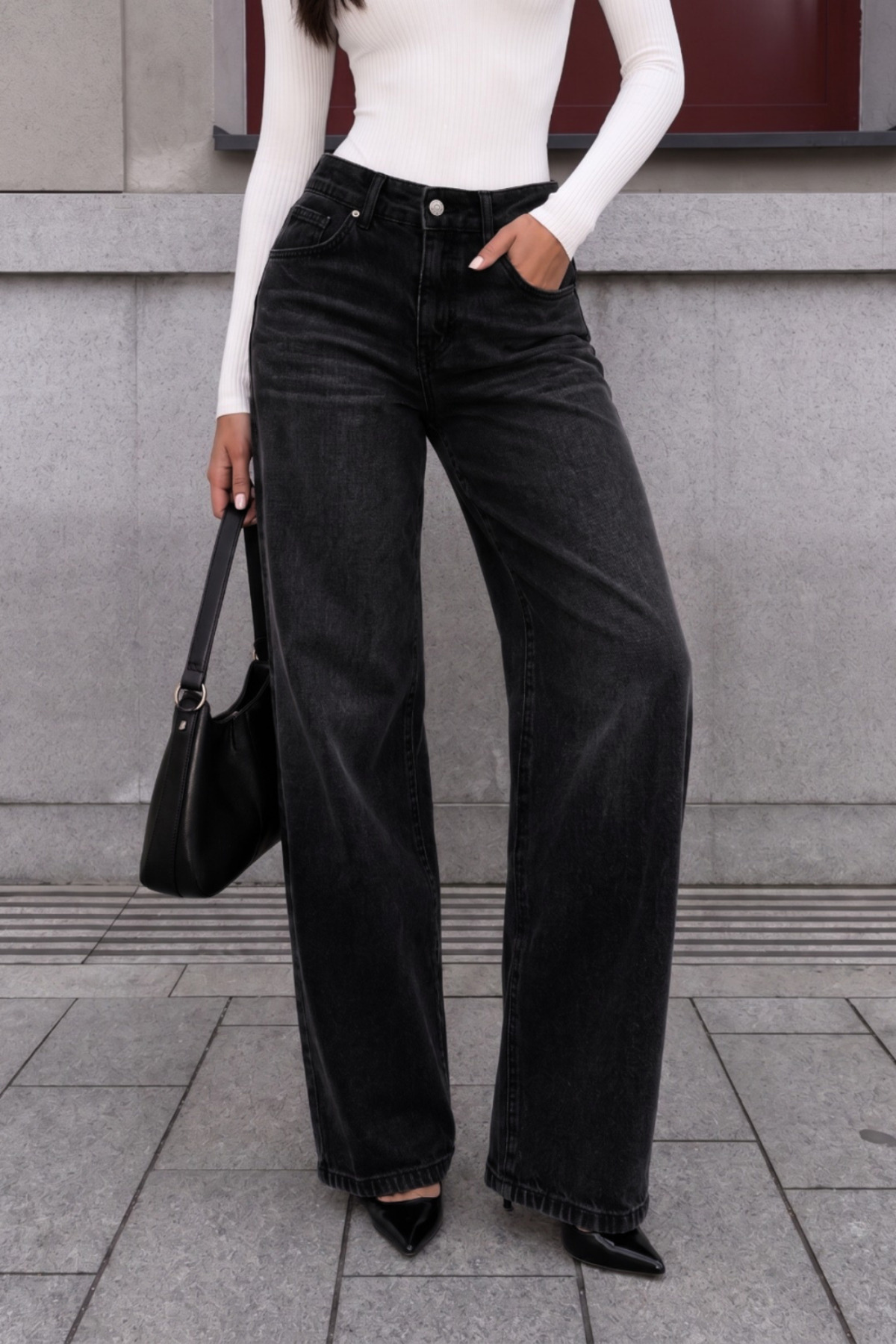 Siyah Soluk Efekt Vintage Yüksek Bel Wide Leg Geniş Paça with Lycra Jeans 3