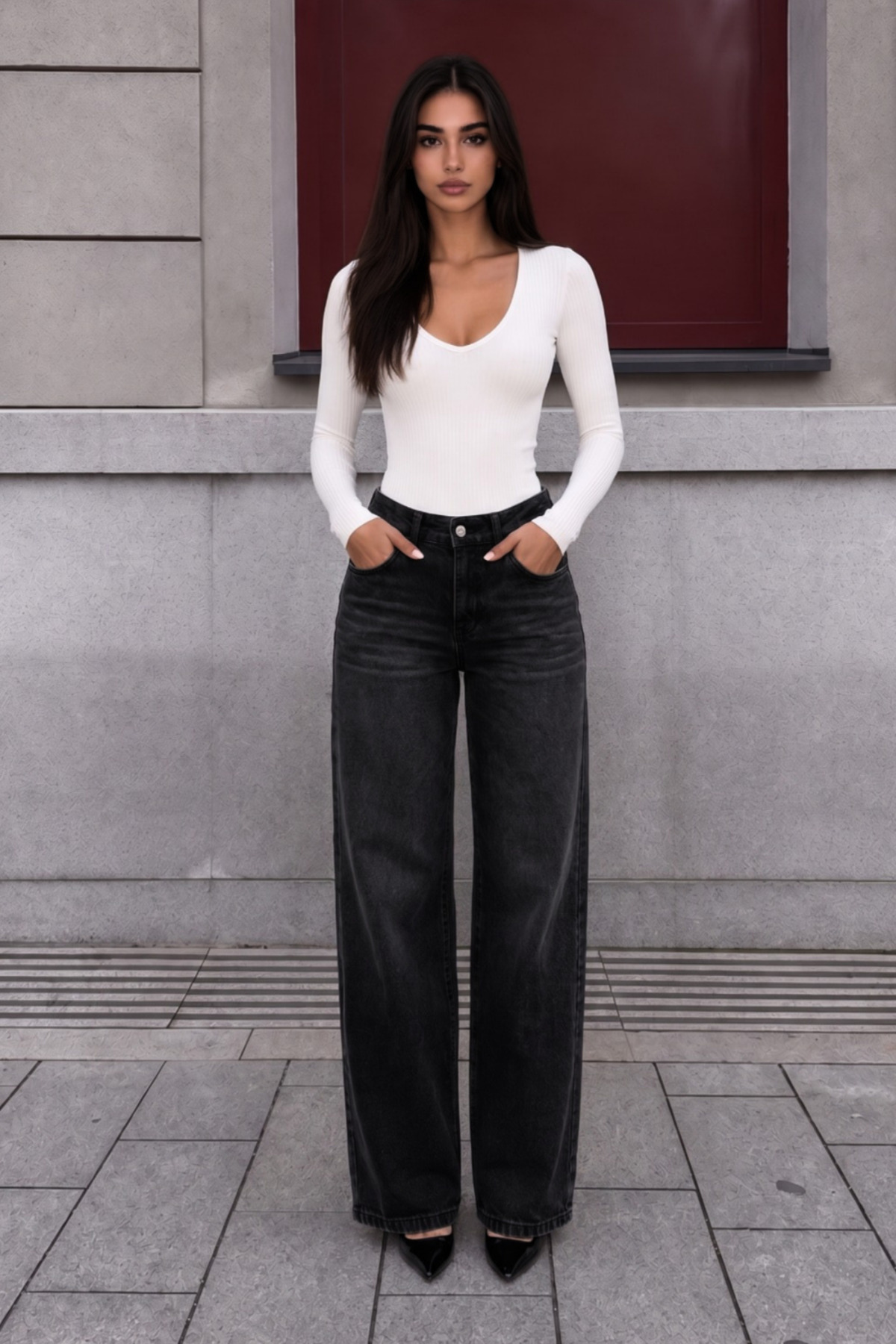 Siyah Soluk Efekt Vintage Yüksek Bel Wide Leg Geniş Paça with Lycra Jeans 7
