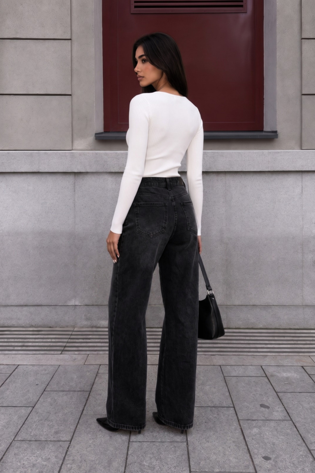 Siyah Soluk Efekt Vintage Yüksek Bel Wide Leg Geniş Paça with Lycra Jeans 5