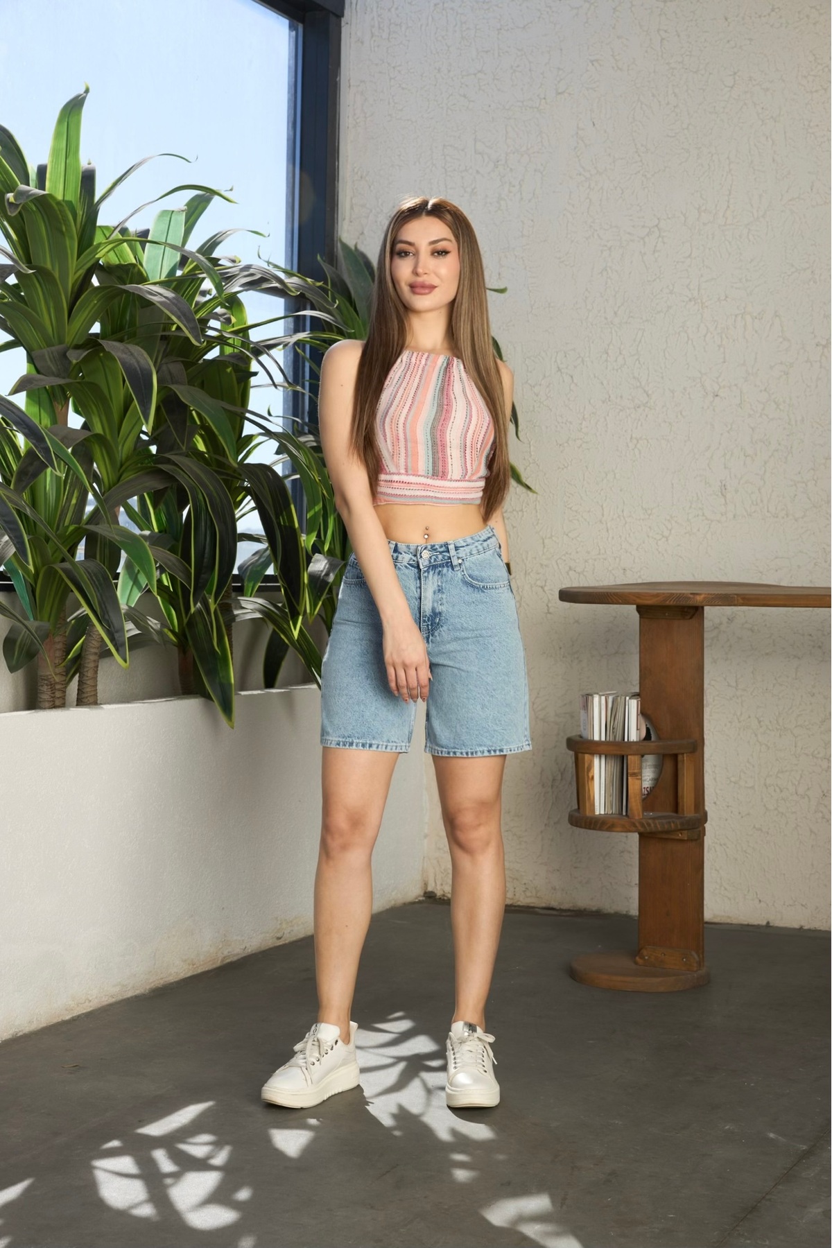 Kadın Yüksek Bel Denim Kot Şort Lacivert 7