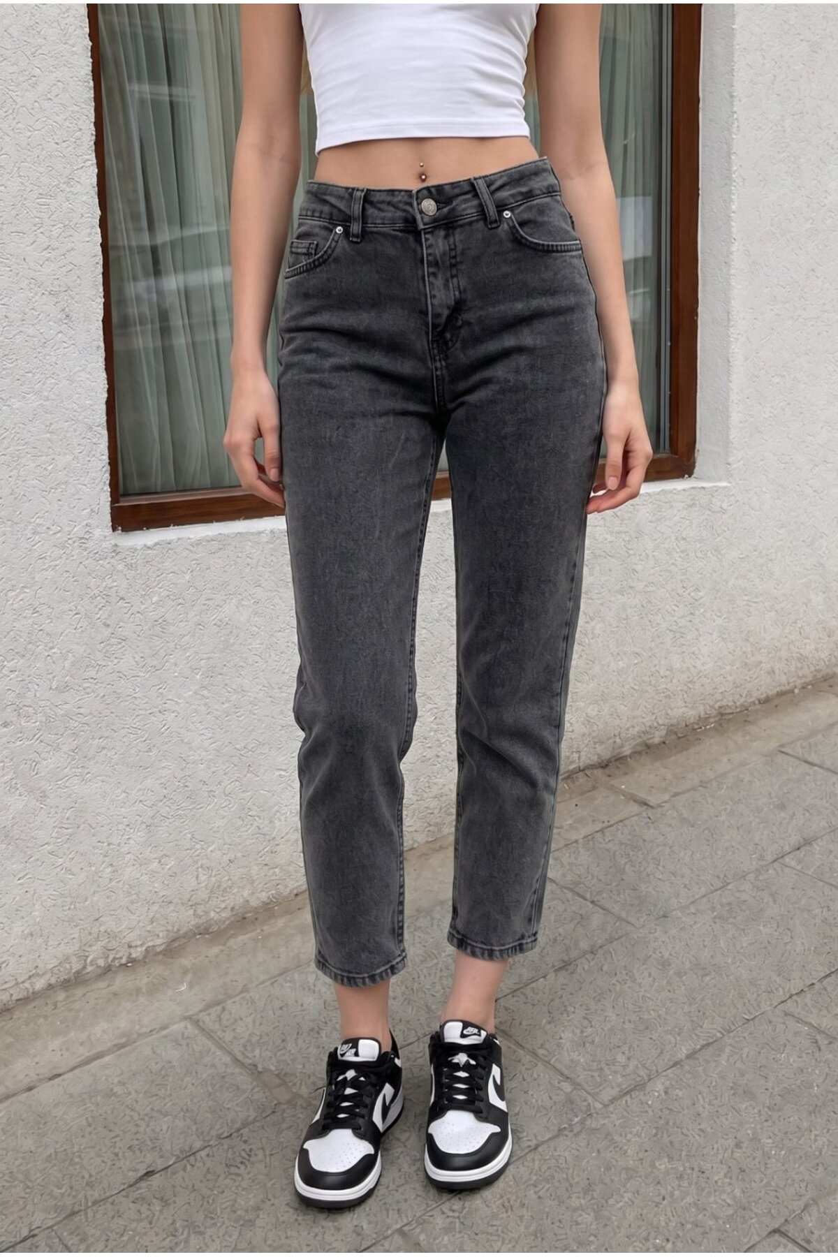 Kadın Yüksek Bel Esnek Denim Kumaş Mom Fit Jean Gri 3