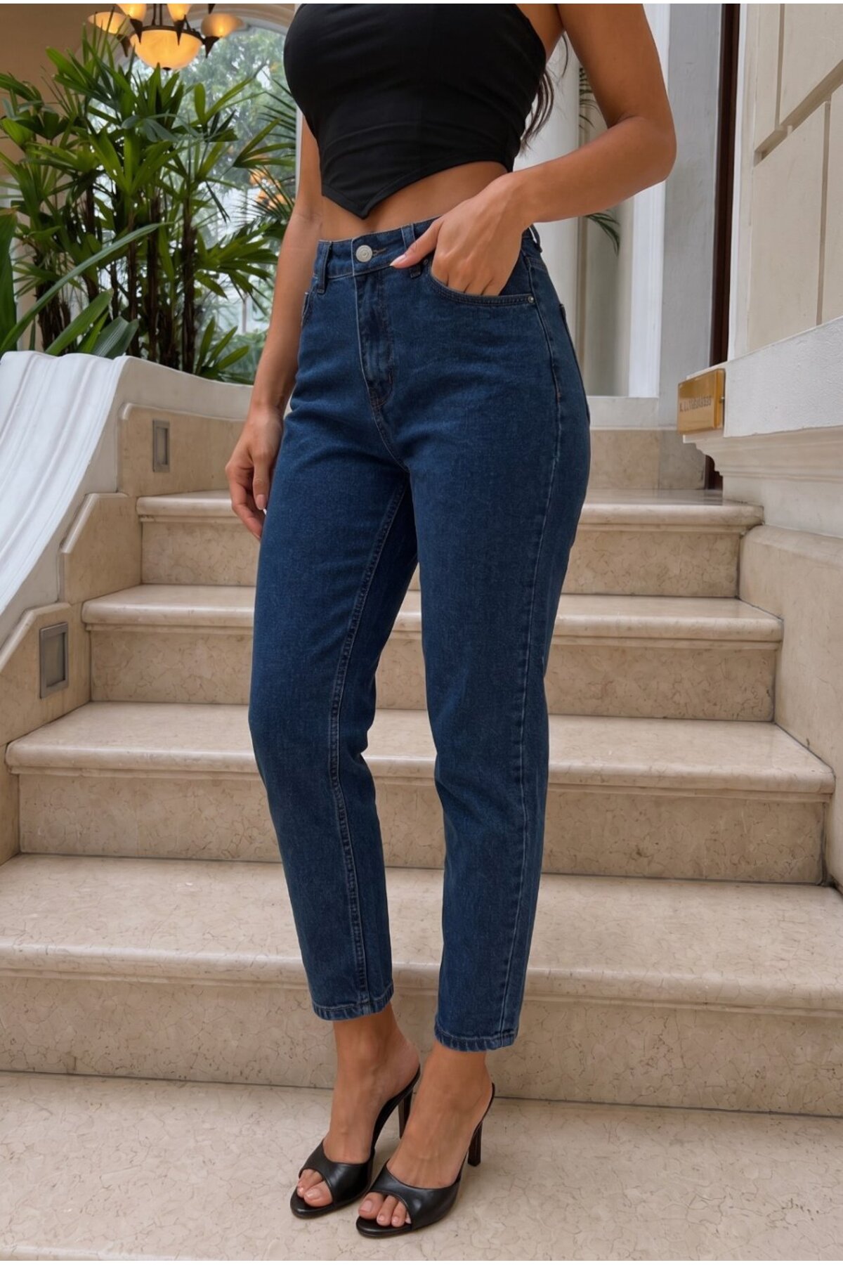 Yüksek Bel Mom Comfort Fıt Lacivert Jean Pantolon 6