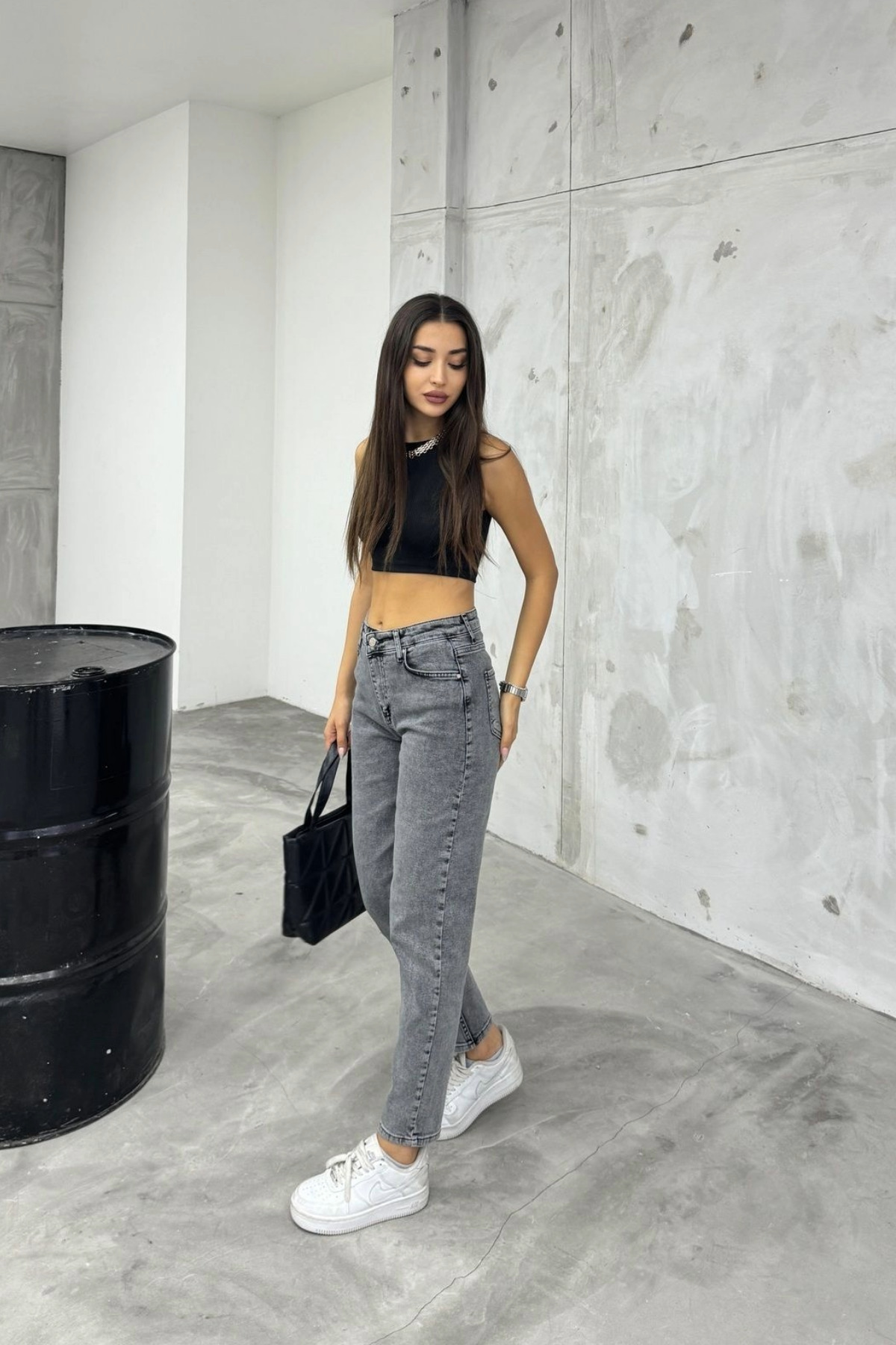 Kadın Esnek/LikralıYüksek Bel Mom Jeans Gri 7