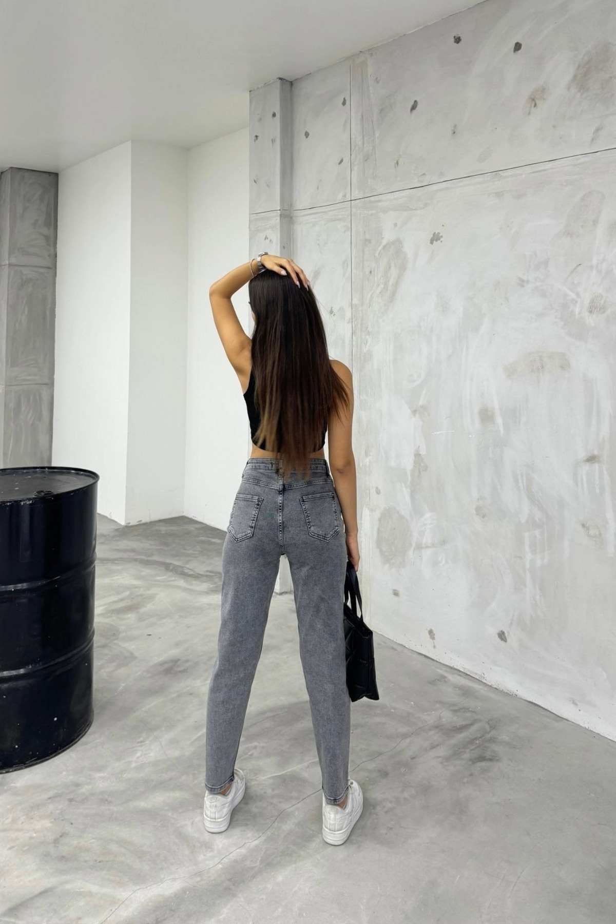 Kadın Esnek/LikralıYüksek Bel Mom Jeans Gri 4
