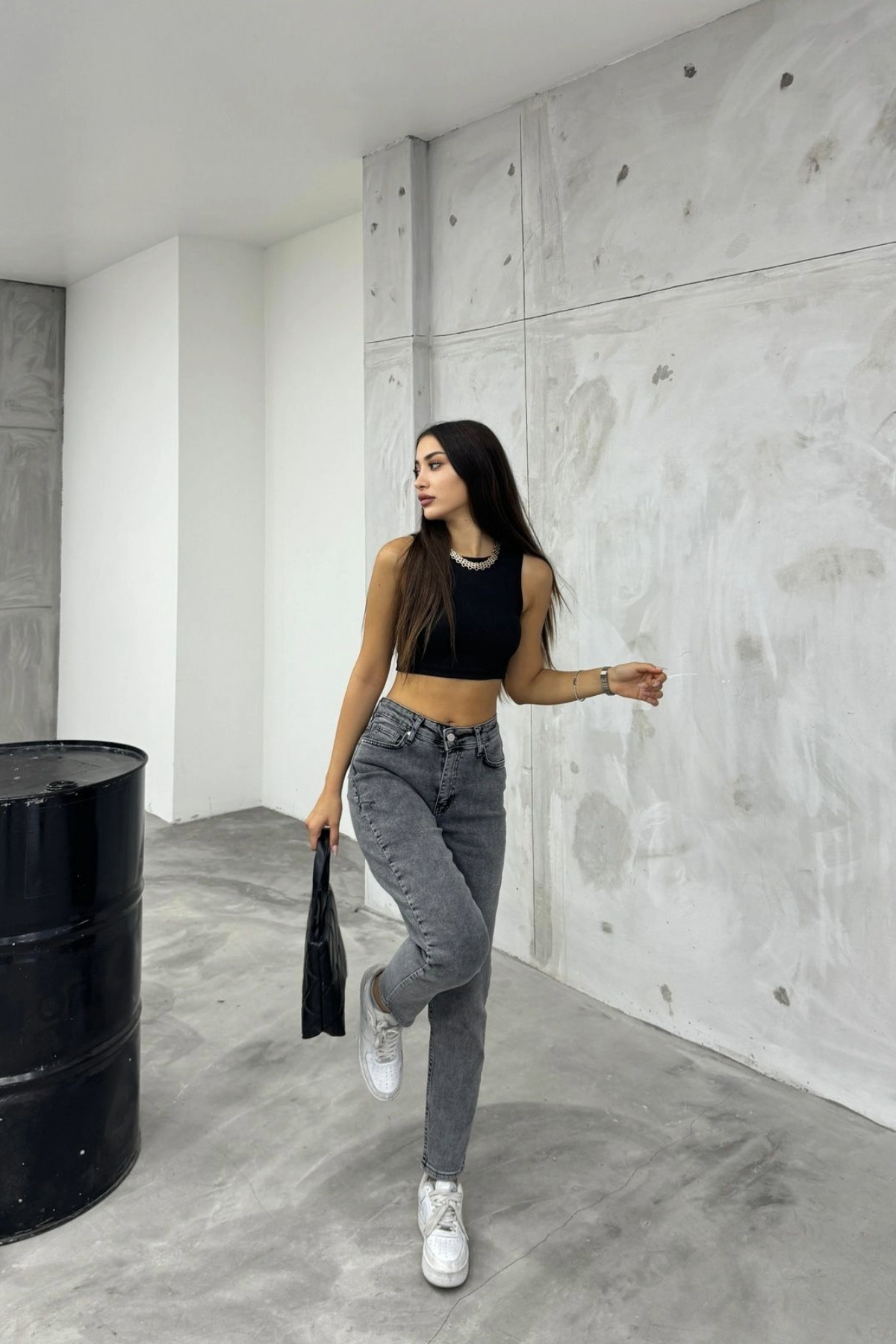 Kadın Esnek/LikralıYüksek Bel Mom Jeans Gri 6