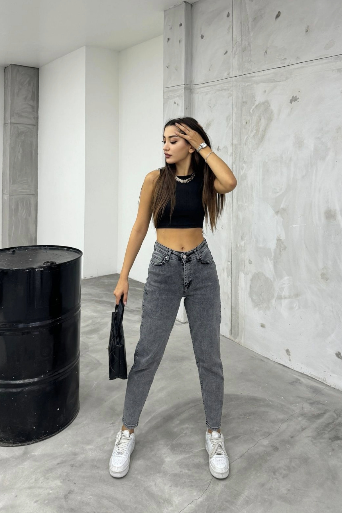 Kadın Esnek/LikralıYüksek Bel Mom Jeans Gri 5