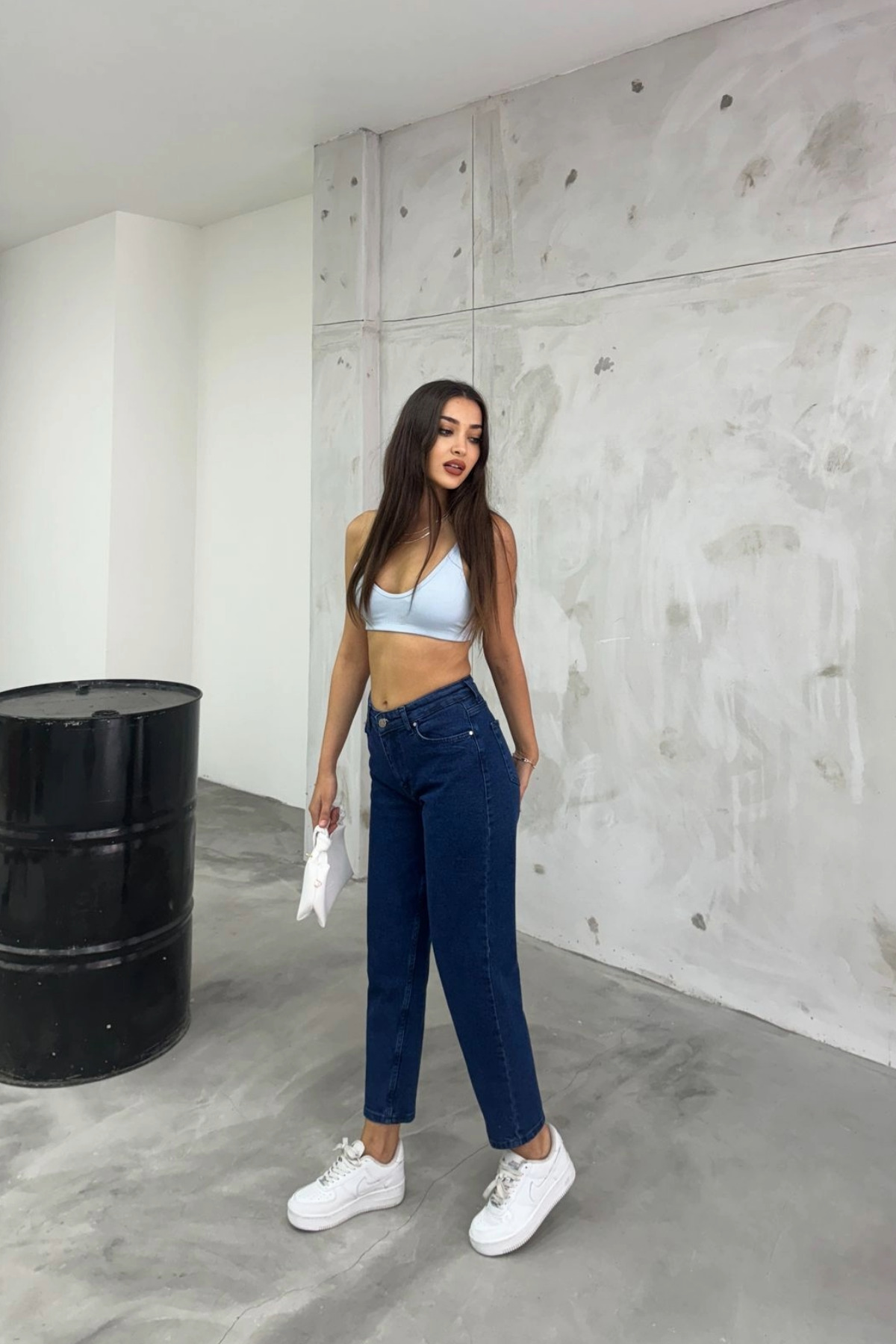 Kadın Esnek/LikralıYüksek Bel Mom Jeans Lacivert 8