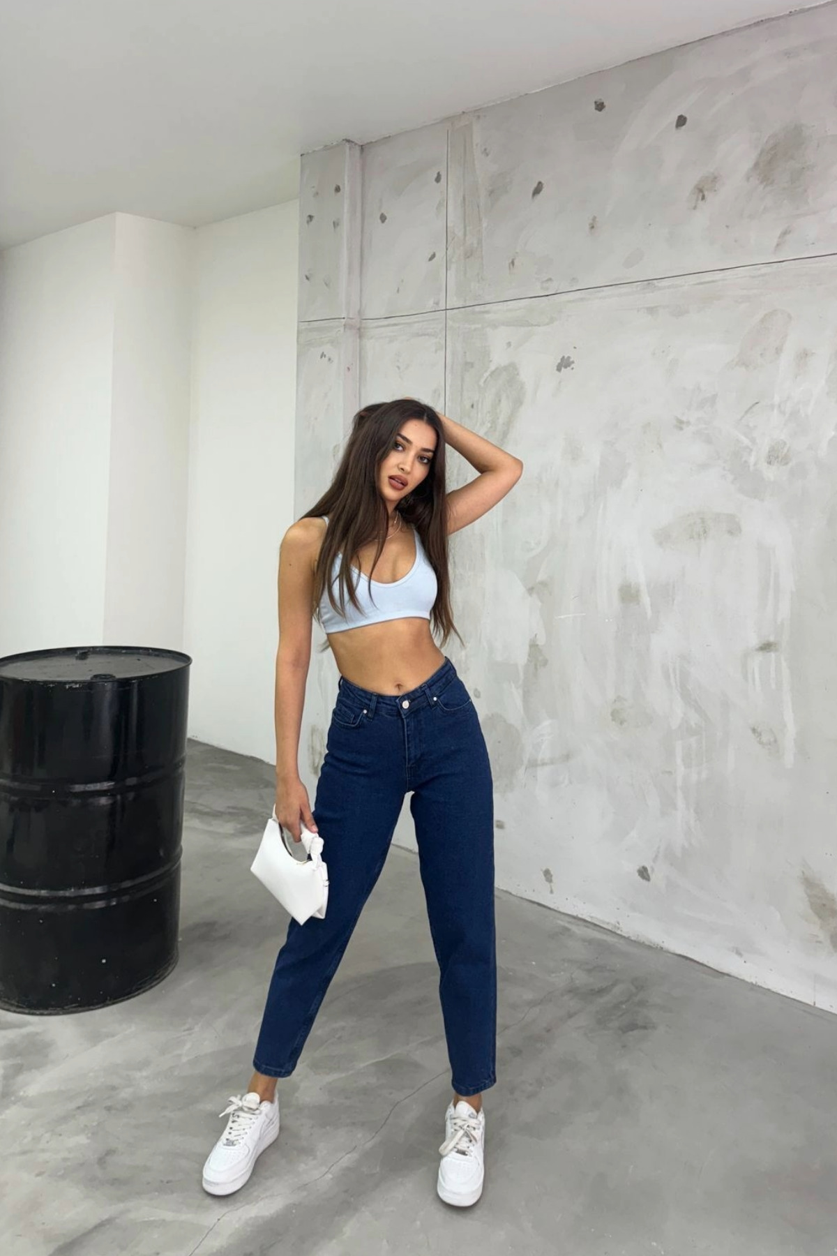 Kadın Esnek/LikralıYüksek Bel Mom Jeans Lacivert 5