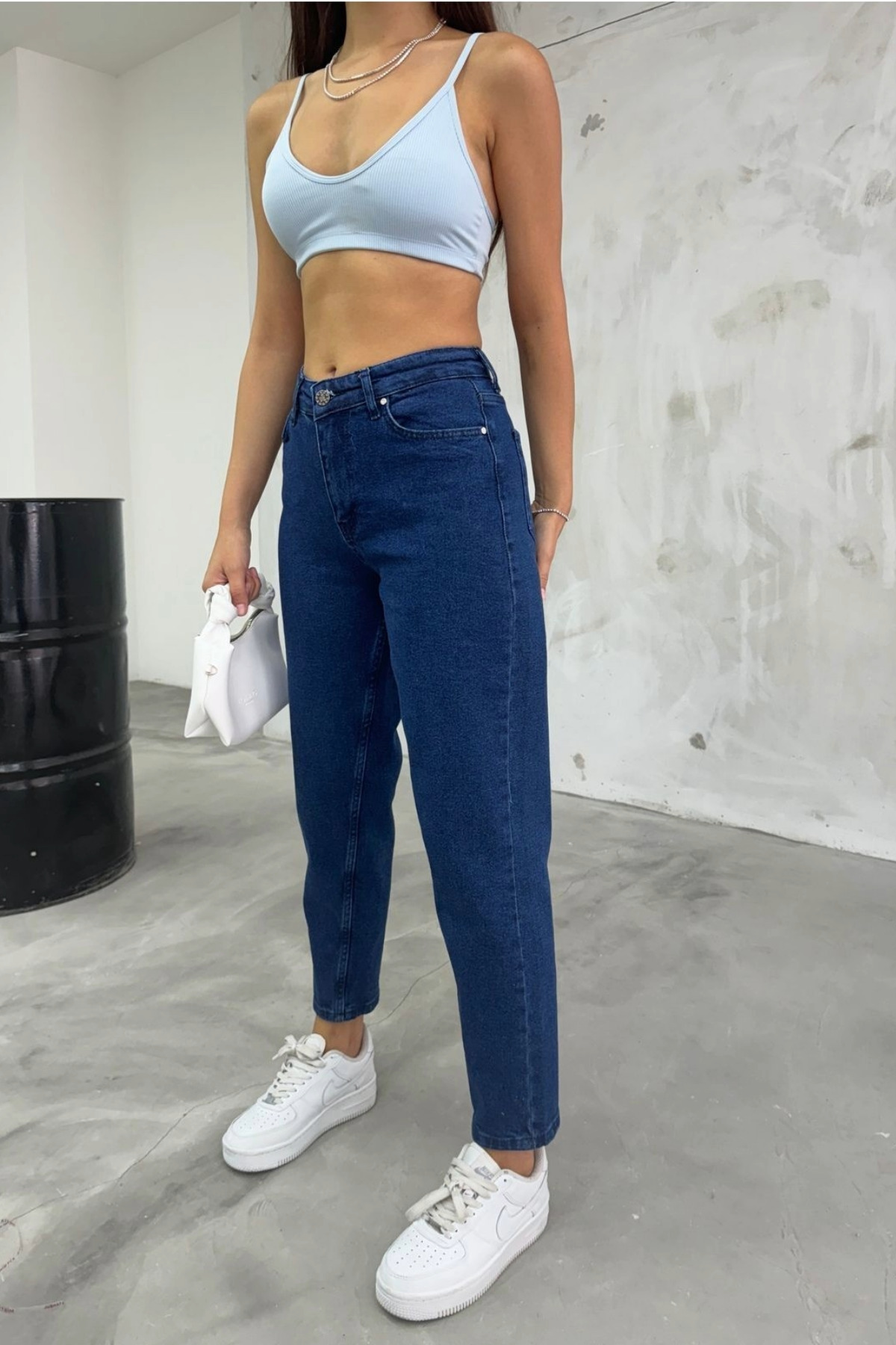 Kadın Esnek/LikralıYüksek Bel Mom Jeans Lacivert 4