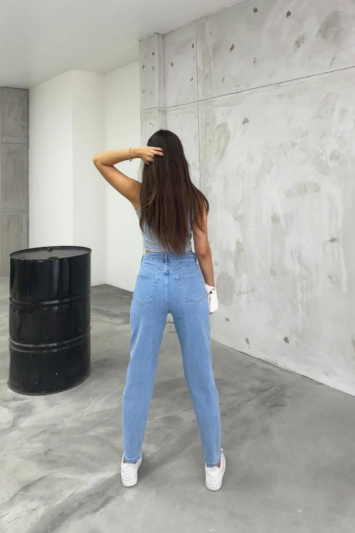 Kadın Esnek/LikralıYüksek Bel Mom Jeans Mavi 5