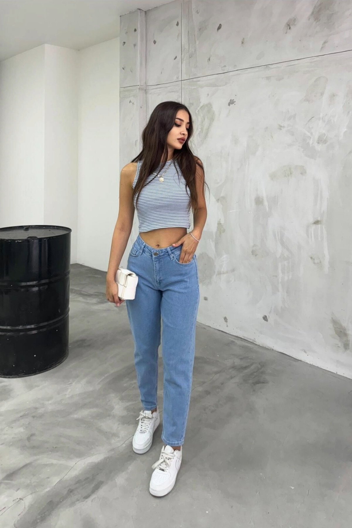 Kadın Esnek/LikralıYüksek Bel Mom Jeans Mavi 7