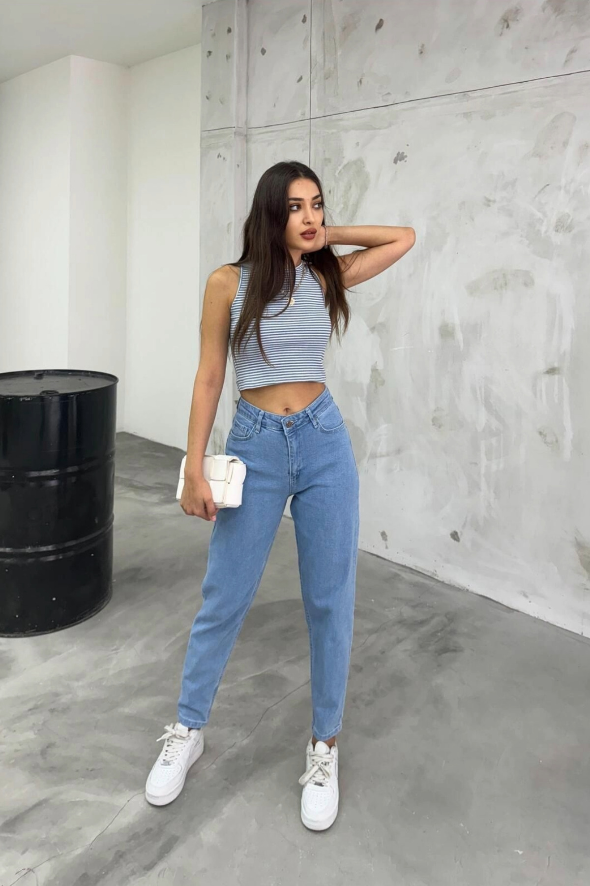 Kadın Esnek/LikralıYüksek Bel Mom Jeans Mavi 8
