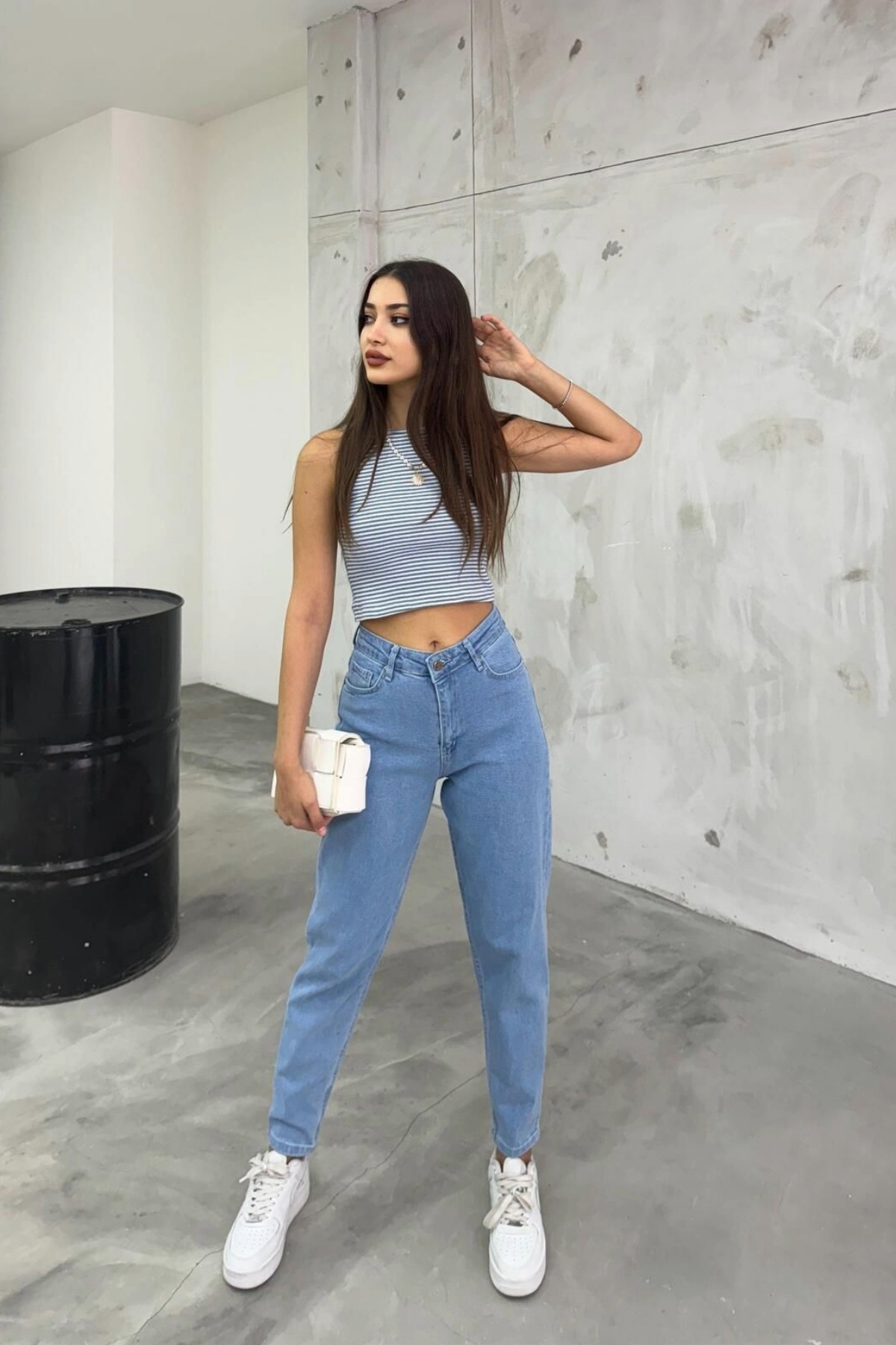 Kadın Esnek/LikralıYüksek Bel Mom Jeans Mavi 6