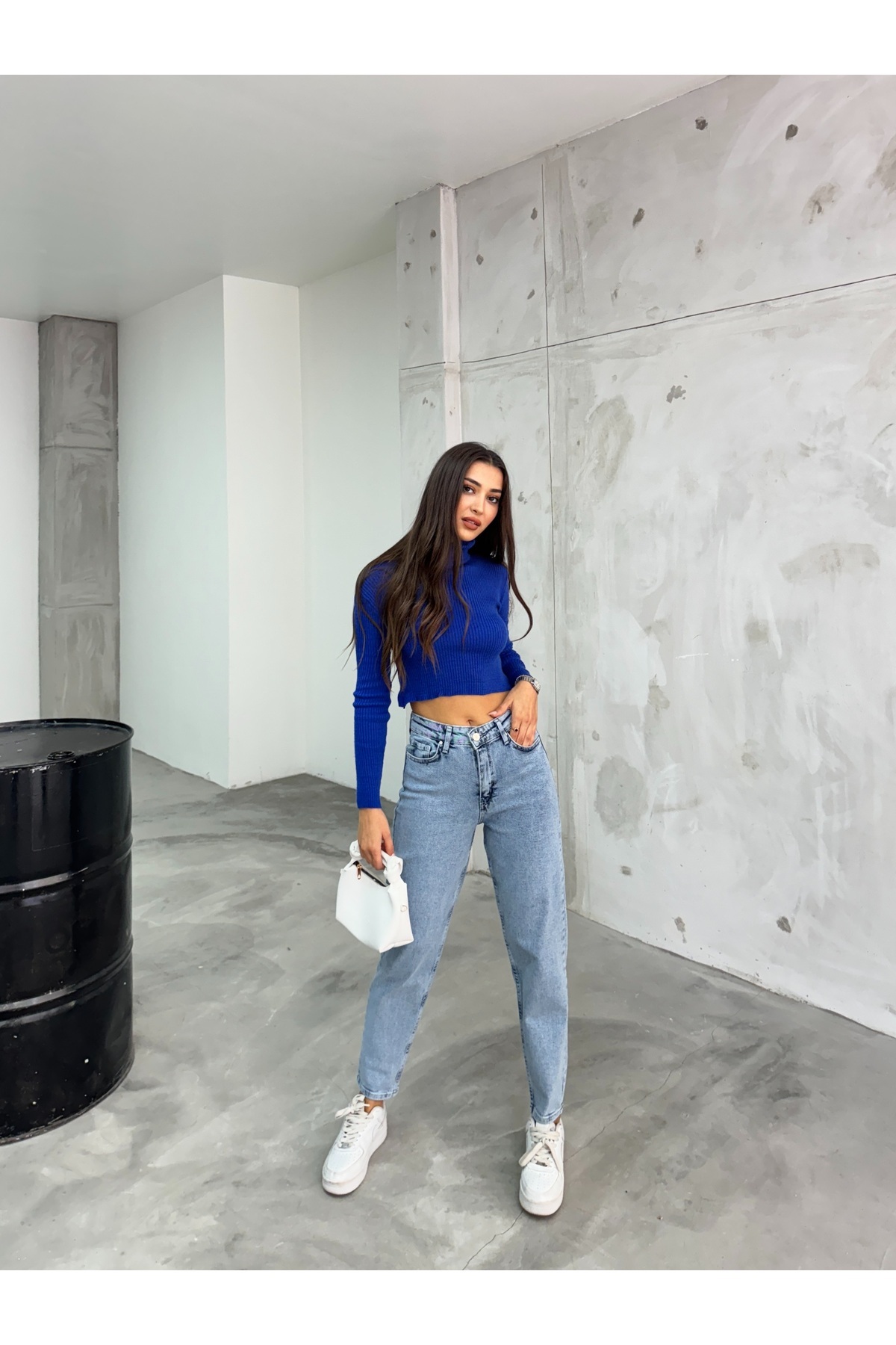 Kadın Esnek/LikralıYüksek Bel Mom Jeans Metalik 5