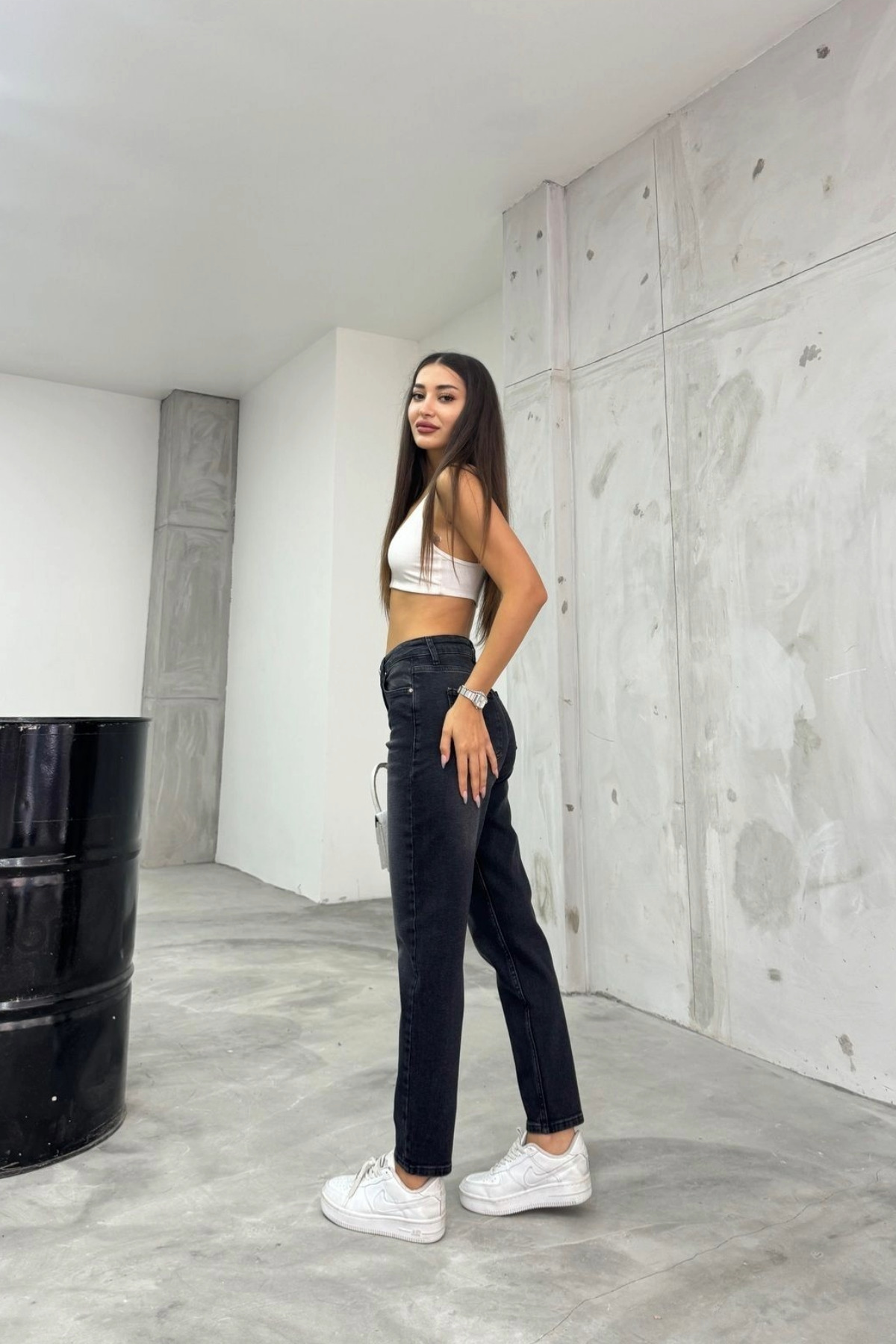 Kadın Esnek/LikralıYüksek Bel Mom Jeans Siyah 7