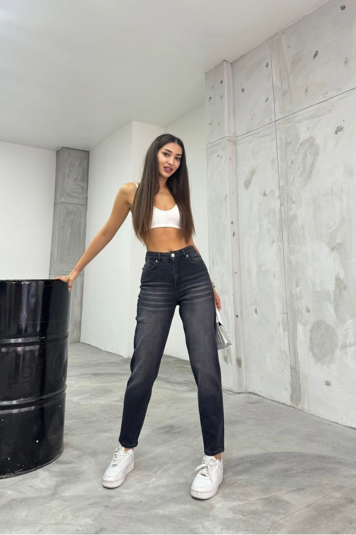 Kadın Esnek/LikralıYüksek Bel Mom Jeans Siyah 5