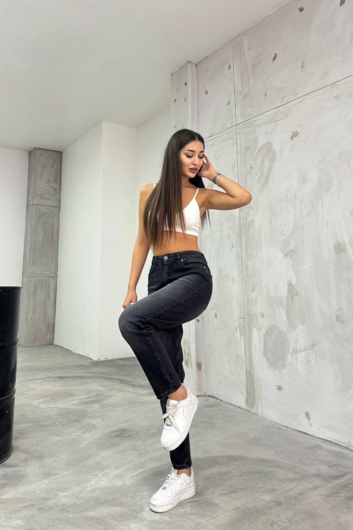 Kadın Esnek/LikralıYüksek Bel Mom Jeans Siyah 8