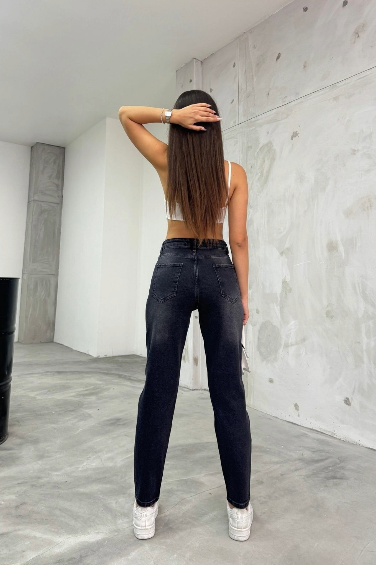 Kadın Esnek/LikralıYüksek Bel Mom Jeans Siyah 4