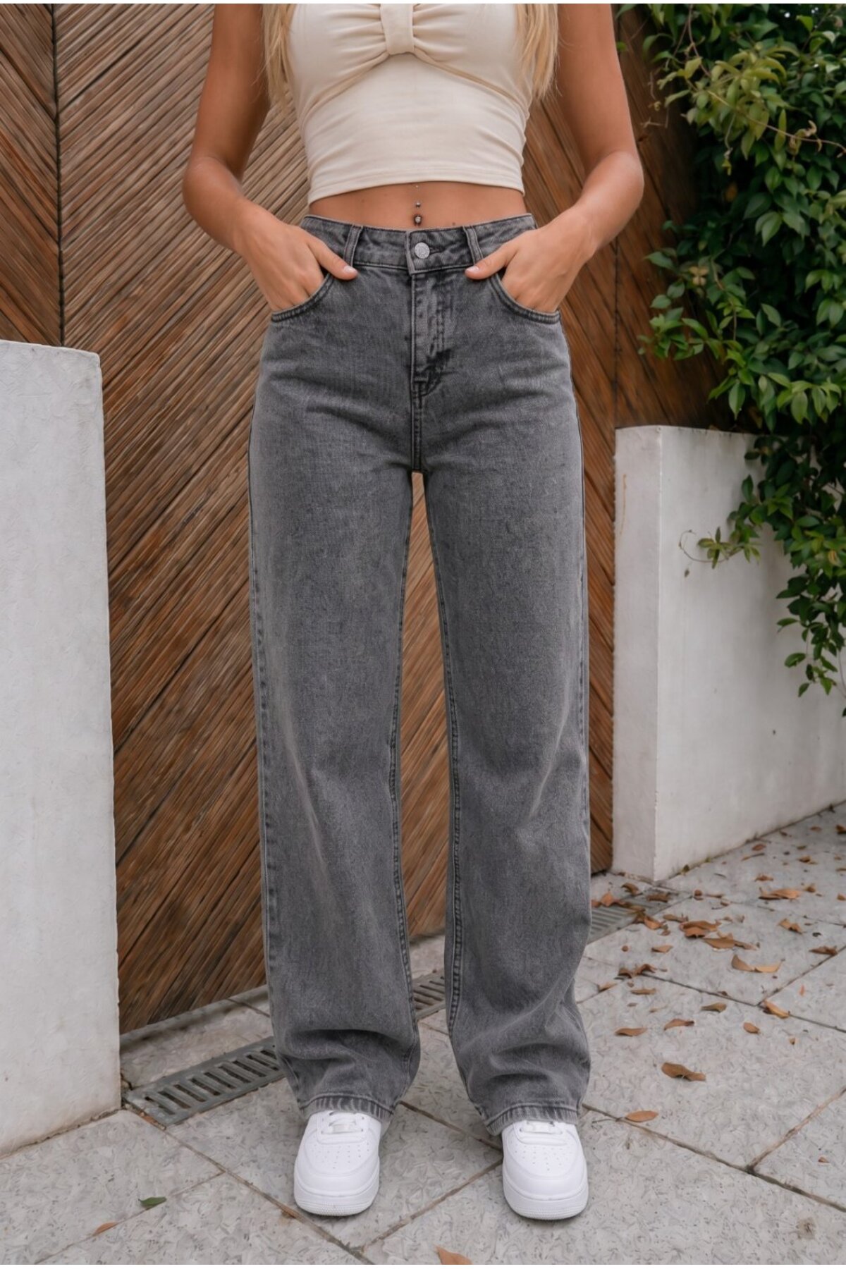 Yüksek Bel Wide Leg Salaş Esnek Palazzo Jean Gri 3