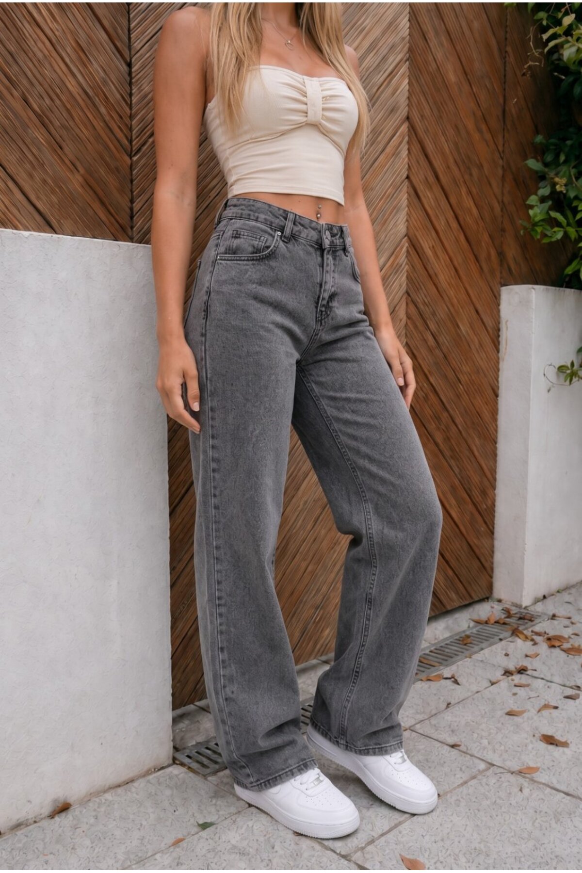 Yüksek Bel Wide Leg Salaş Esnek Palazzo Jean Gri 5