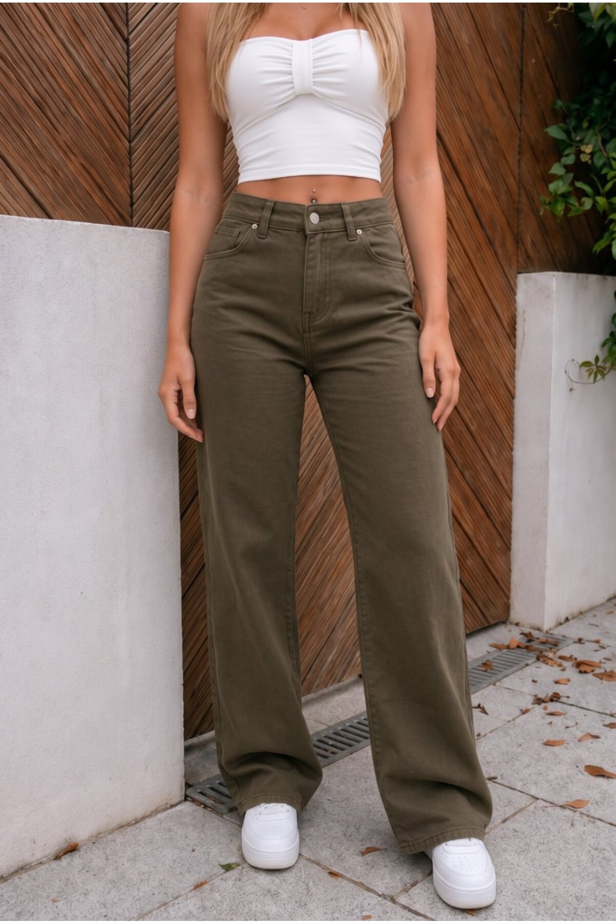 Yüksek Bel Wide Leg Salaş Esnek Palazzo Jean Haki 3