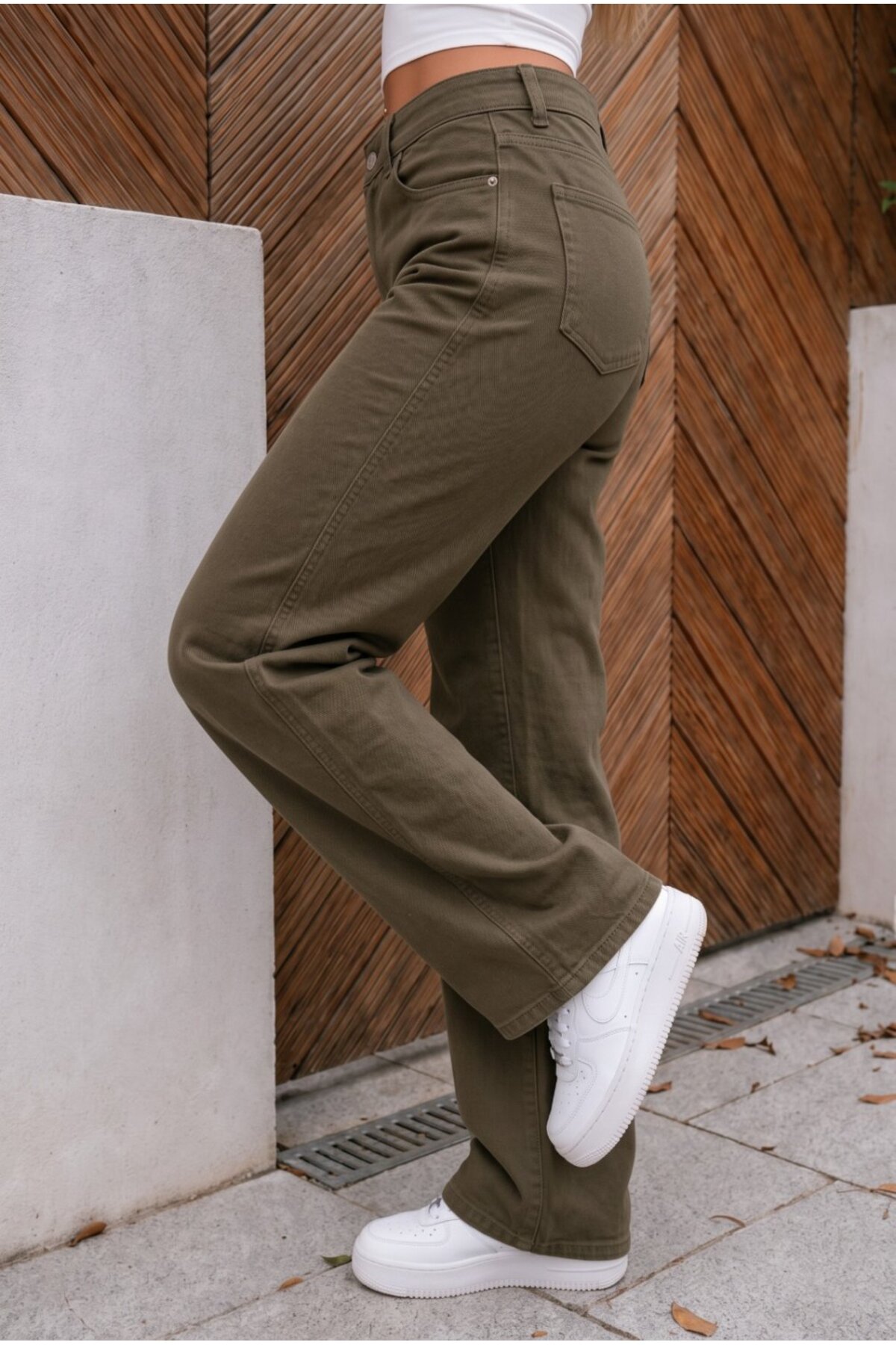 Yüksek Bel Wide Leg Salaş Esnek Palazzo Jean Haki 5