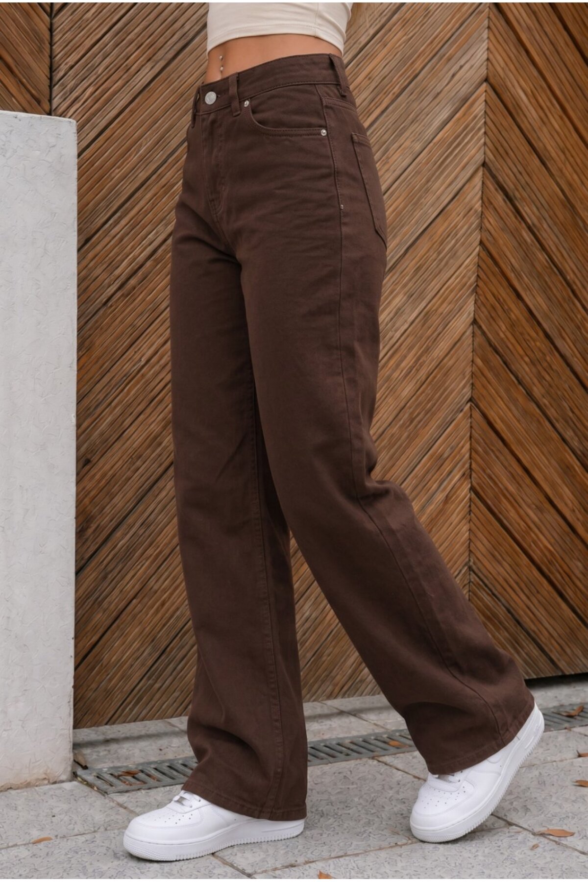 Yüksek Bel Wide Leg Salaş Esnek Palazzo Jean Kahverengi 6