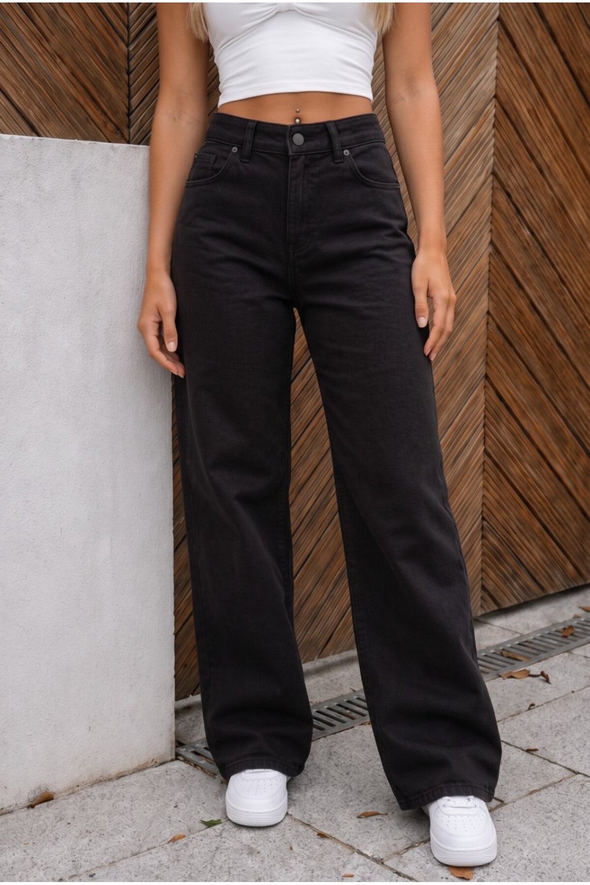 Yüksek Bel Wide Leg Salaş Esnek Palazzo Jean Siyah 6