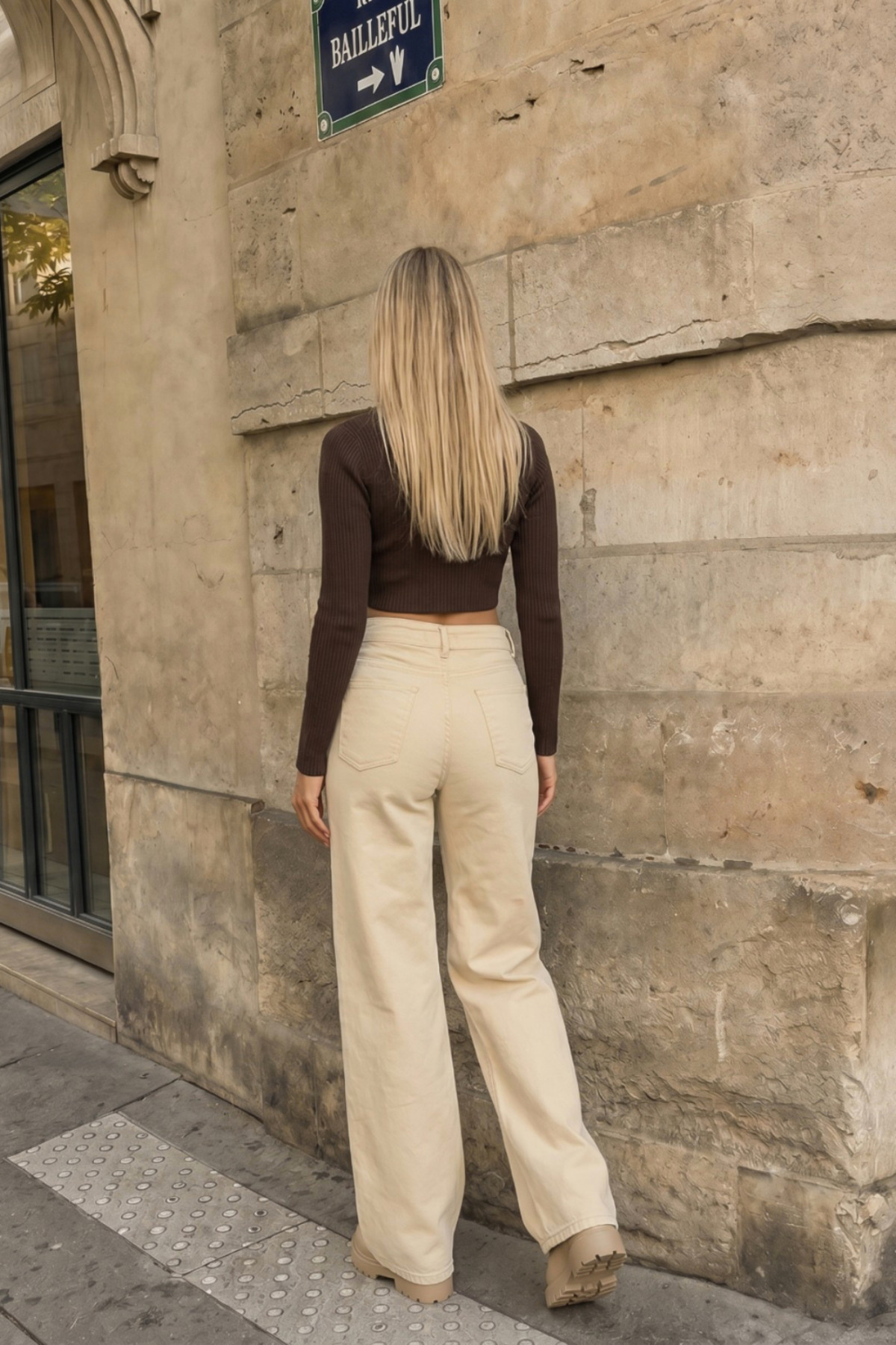 Bej Yüksek Bel Wide Leg Bol Paça Palazzo Kot Pantolon 7