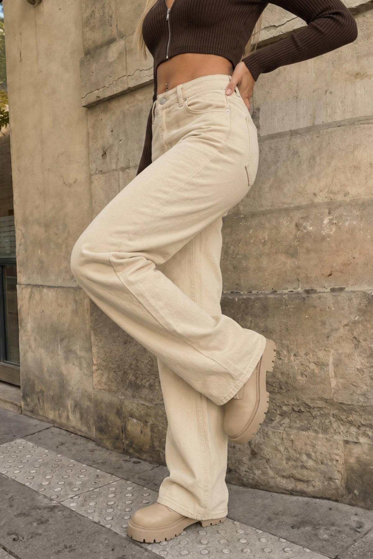 Bej Yüksek Bel Wide Leg Bol Paça Palazzo Kot Pantolon 4