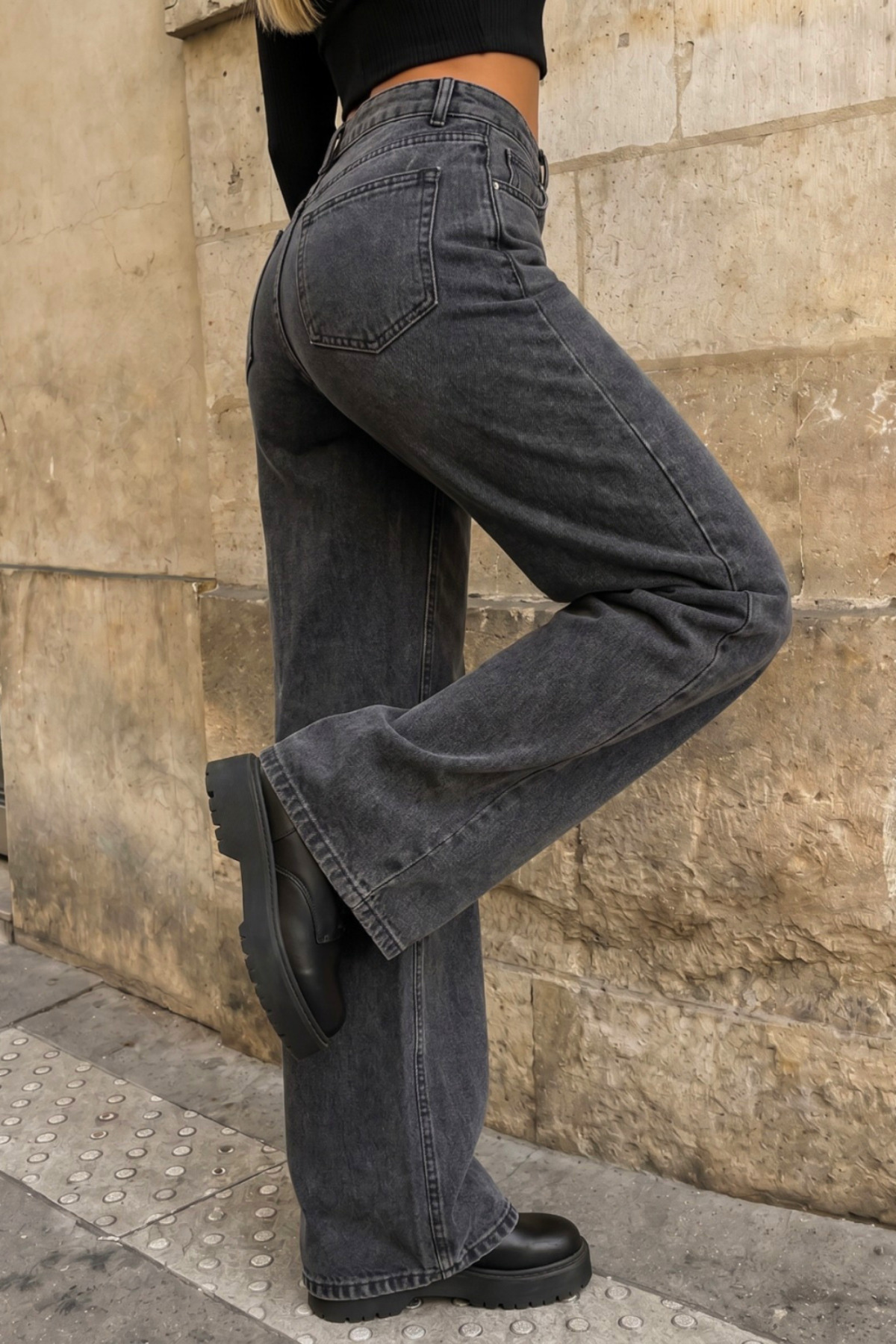 Gri Yüksek Bel Wide Leg Bol Paça Palazzo Kot Pantolon 4