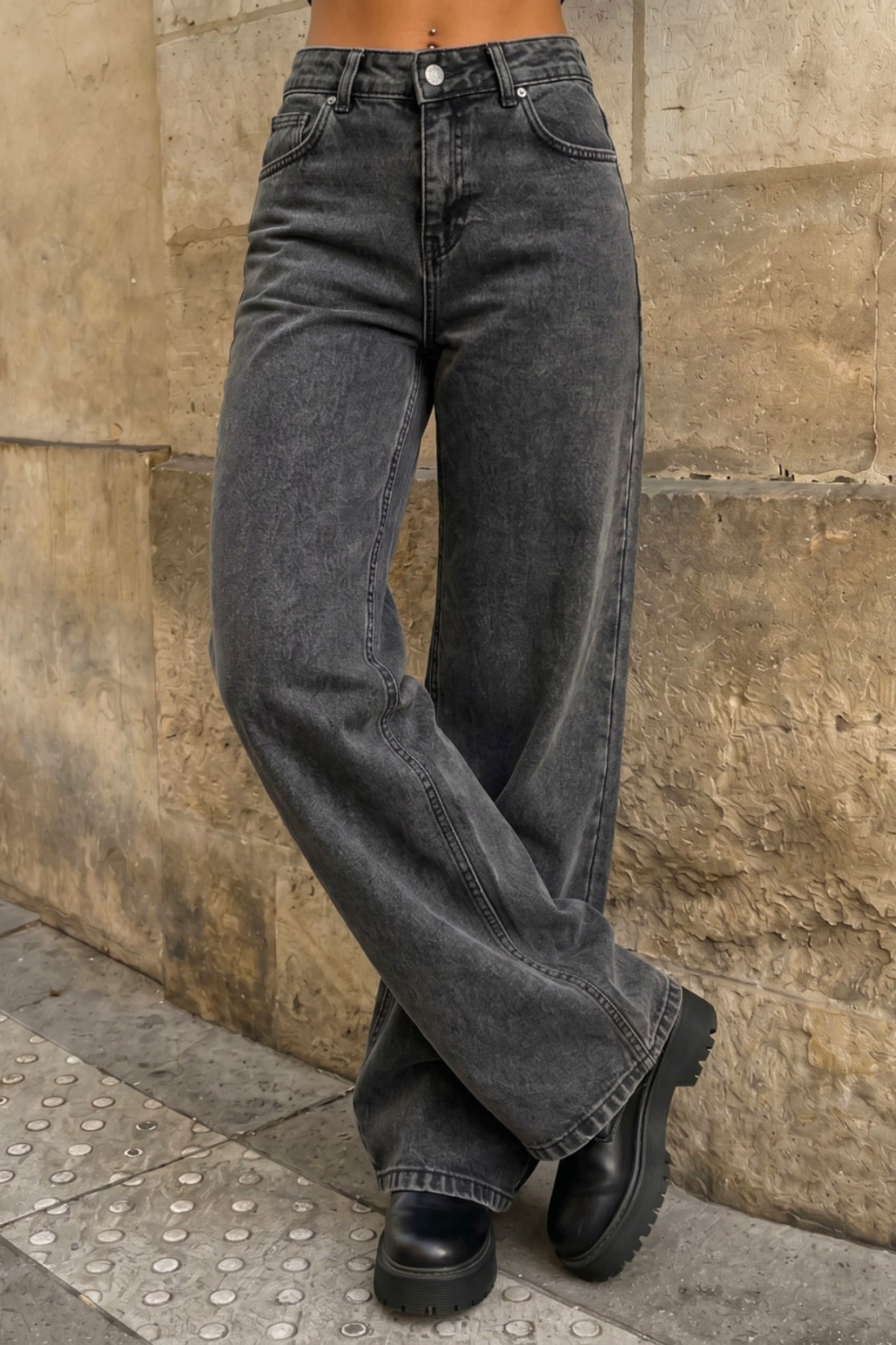 Gri Yüksek Bel Wide Leg Bol Paça Palazzo Kot Pantolon 3