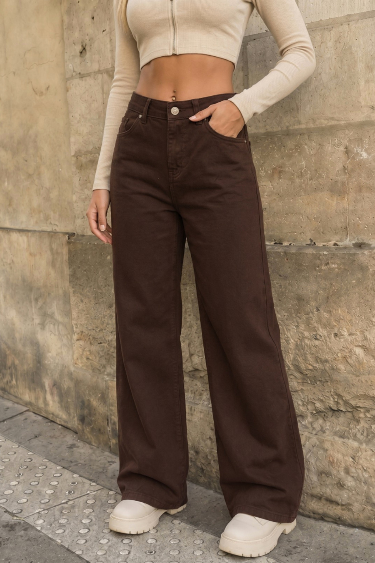 Kahverengi Yüksek Bel Wide Leg Bol Paça Palazzo Kot Pantolon 3