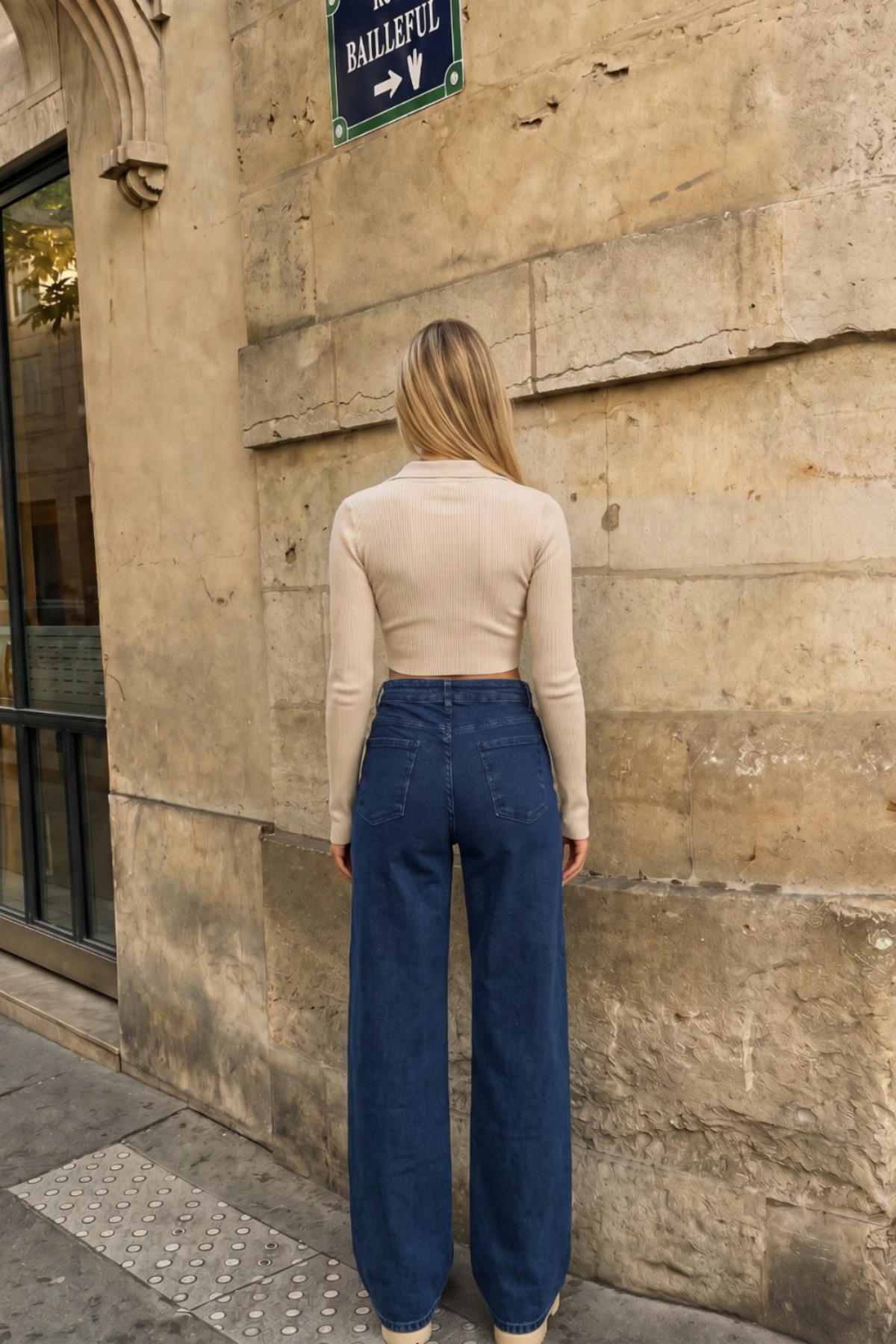 Lacivert Yüksek Bel Wide Leg Bol Paça Palazzo Kot Pantolon 7