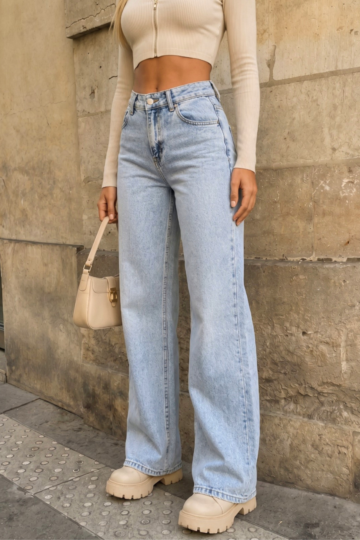 Açık Mavi Yüksek Bel Wide Leg Bol Paça Palazzo Kot Pantolon 3