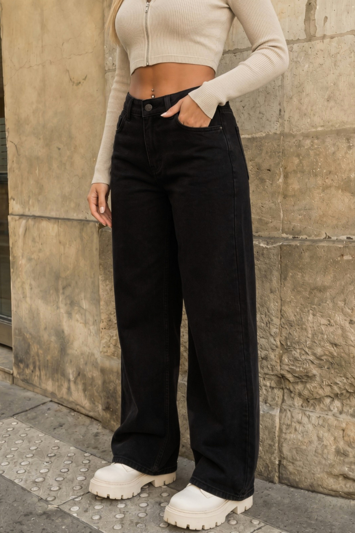Siyah Yüksek Bel Wide Leg Bol Paça Palazzo Kot Pantolon 3