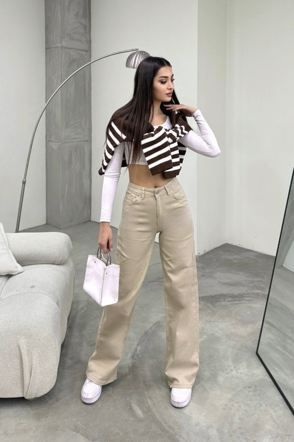 Kadın Bej Yüksek Bel Geniş Paça Bol,salaş Palazzo Jeans 5