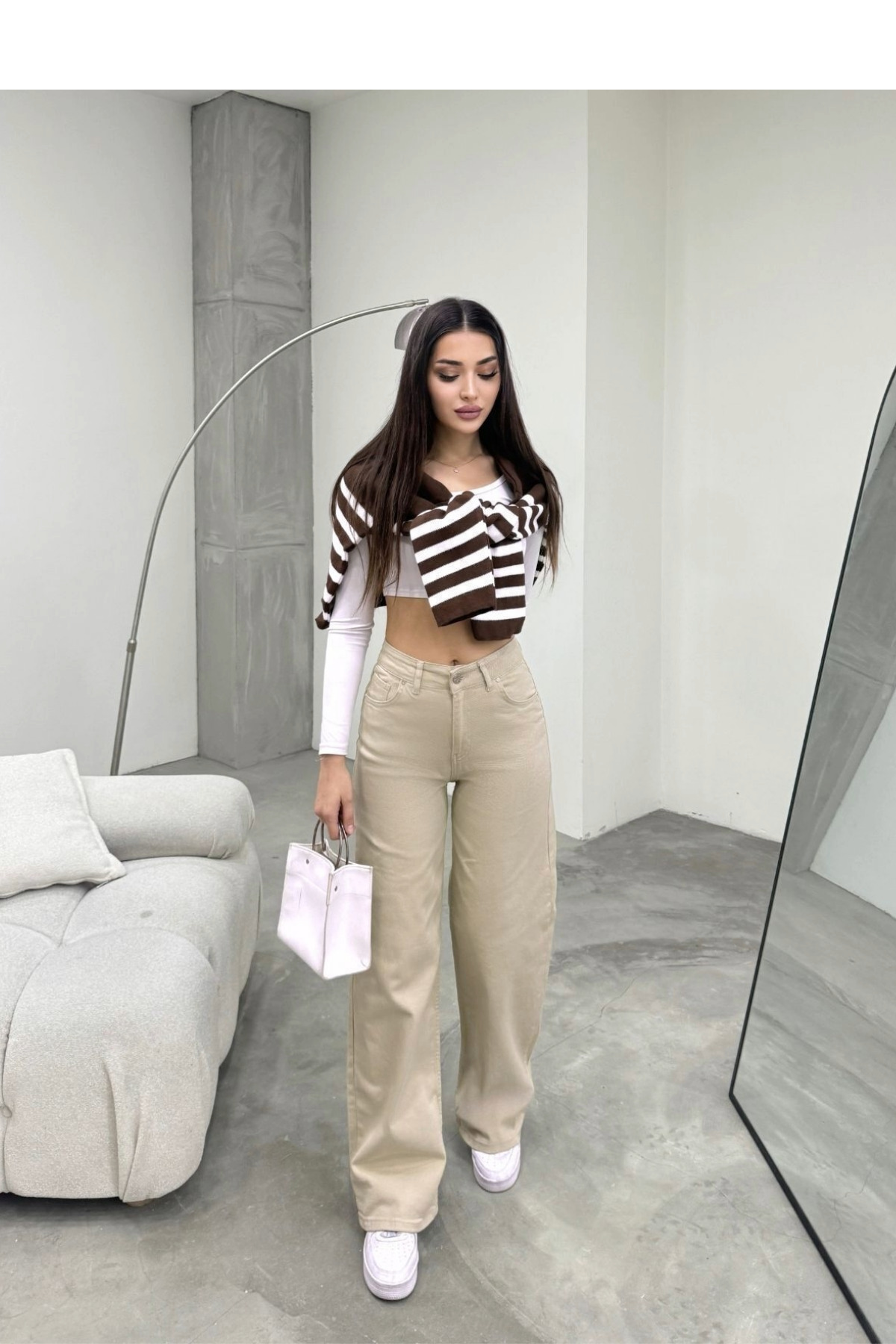 Kadın Bej Yüksek Bel Geniş Paça Bol,salaş Palazzo Jeans 7