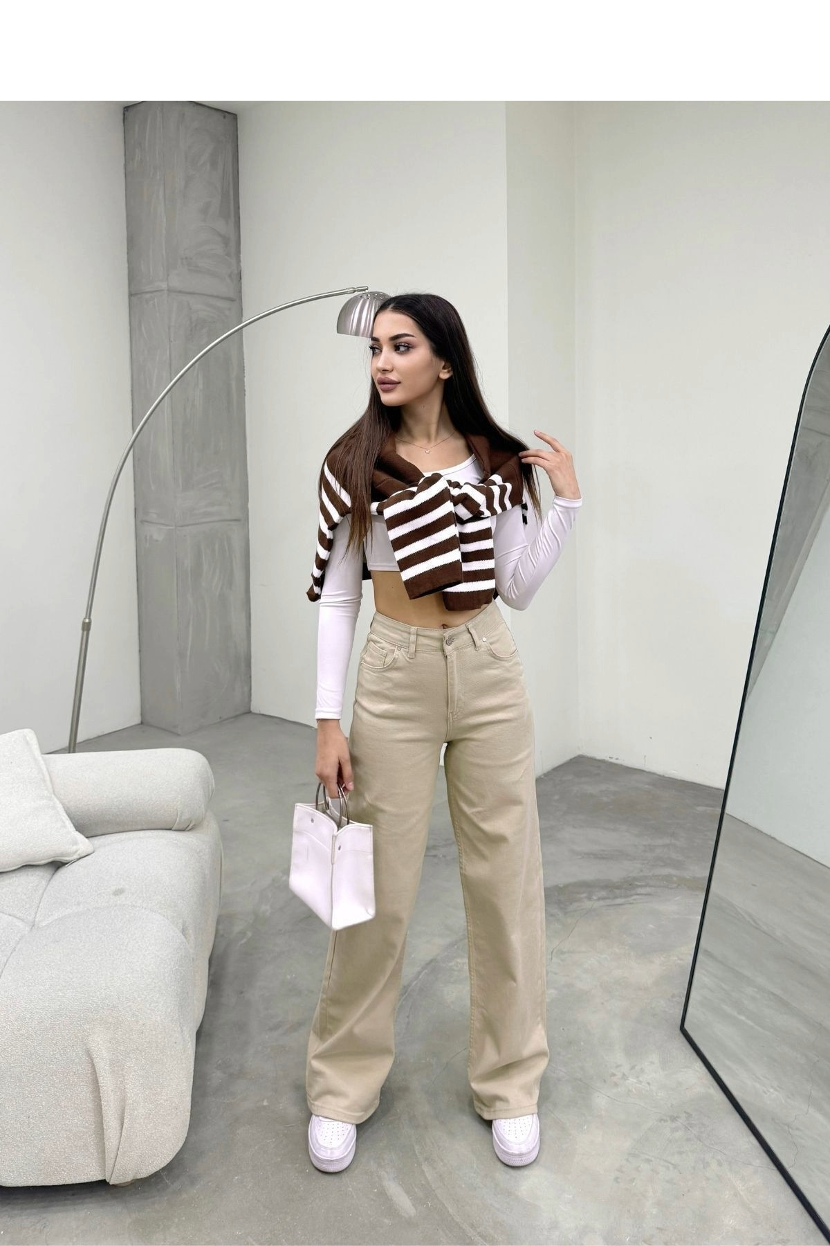 Kadın Bej Yüksek Bel Geniş Paça Bol,salaş Palazzo Jeans 8