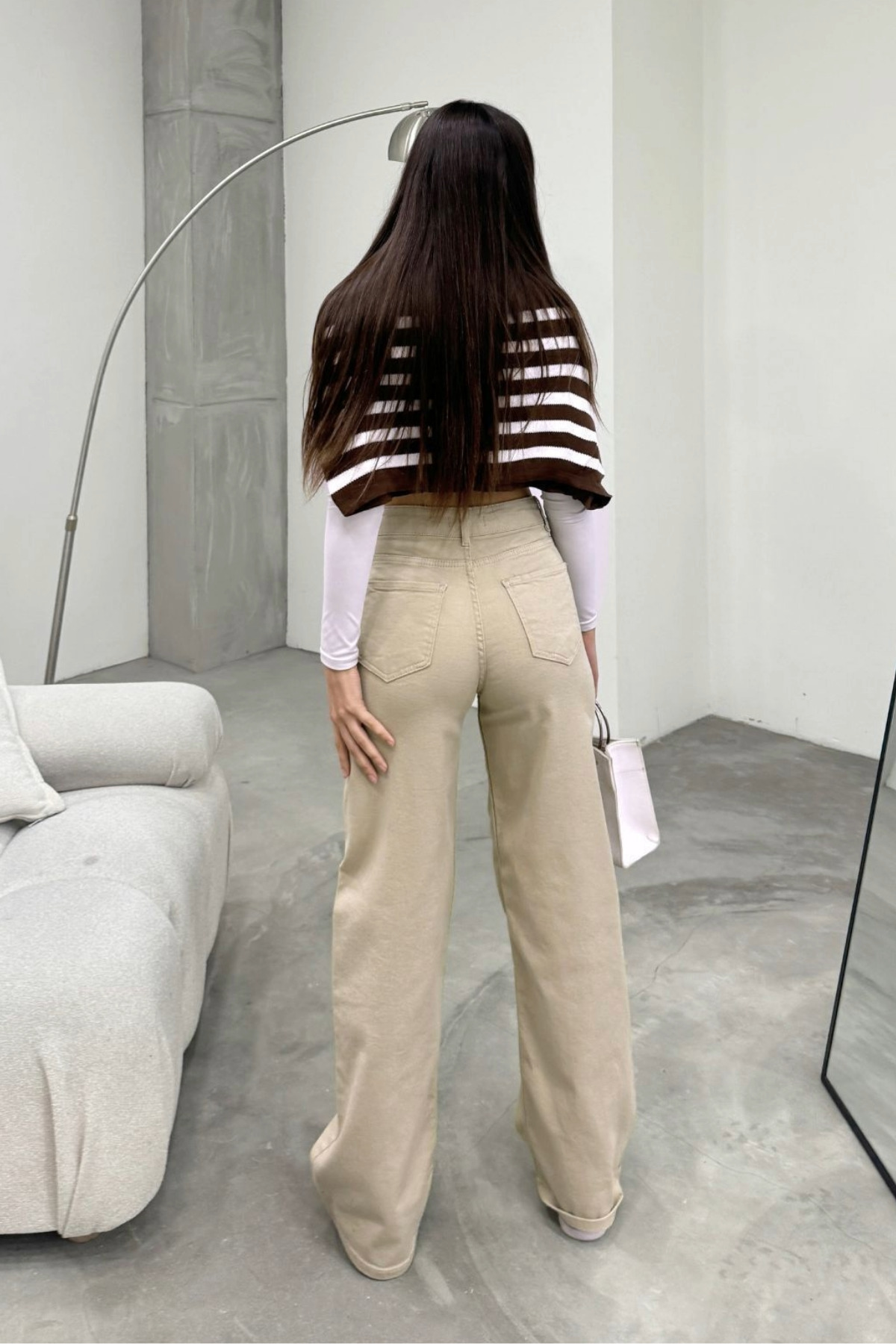 Kadın Bej Yüksek Bel Geniş Paça Bol,salaş Palazzo Jeans 4