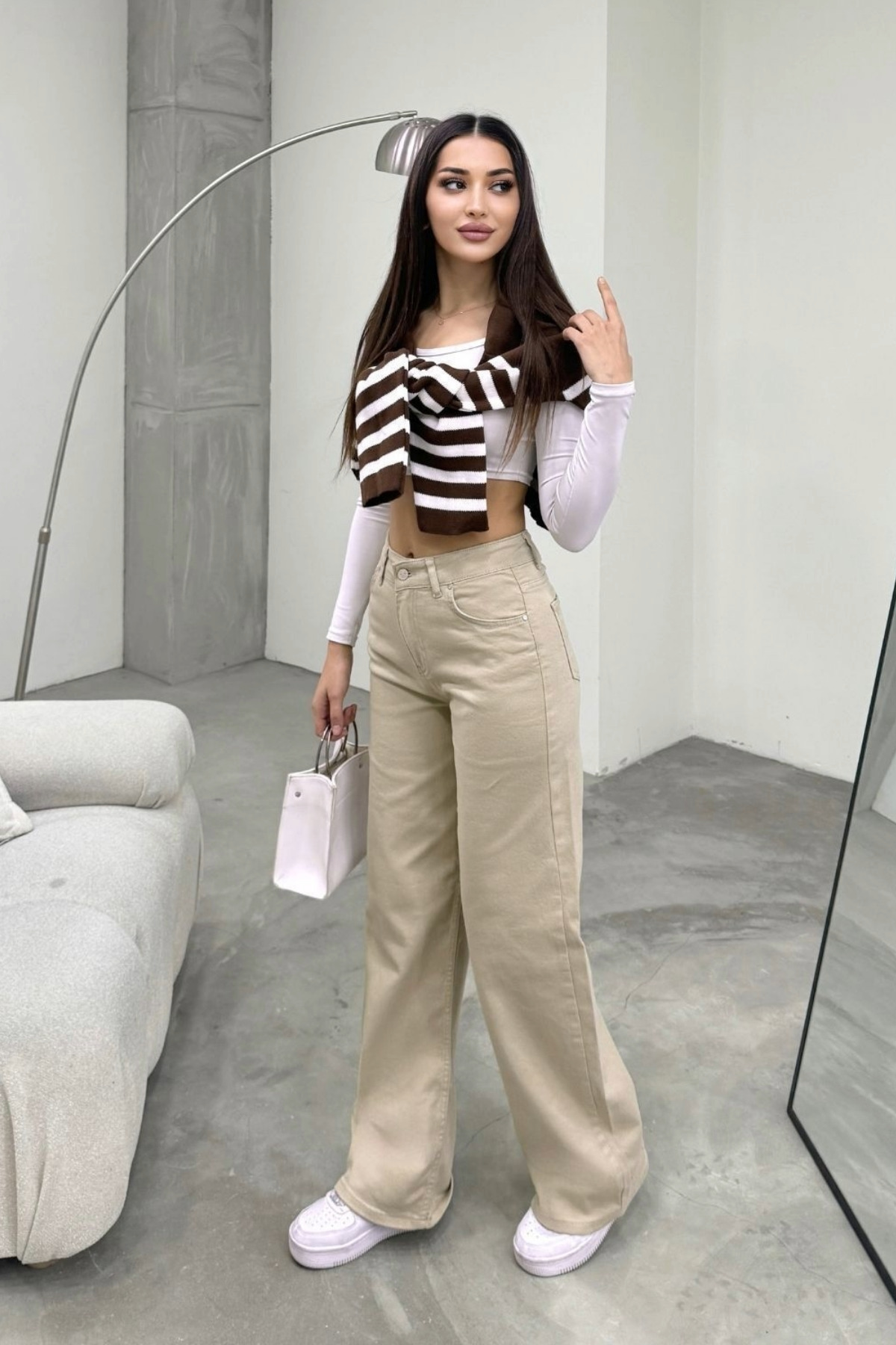 Kadın Bej Yüksek Bel Geniş Paça Bol,salaş Palazzo Jeans 6