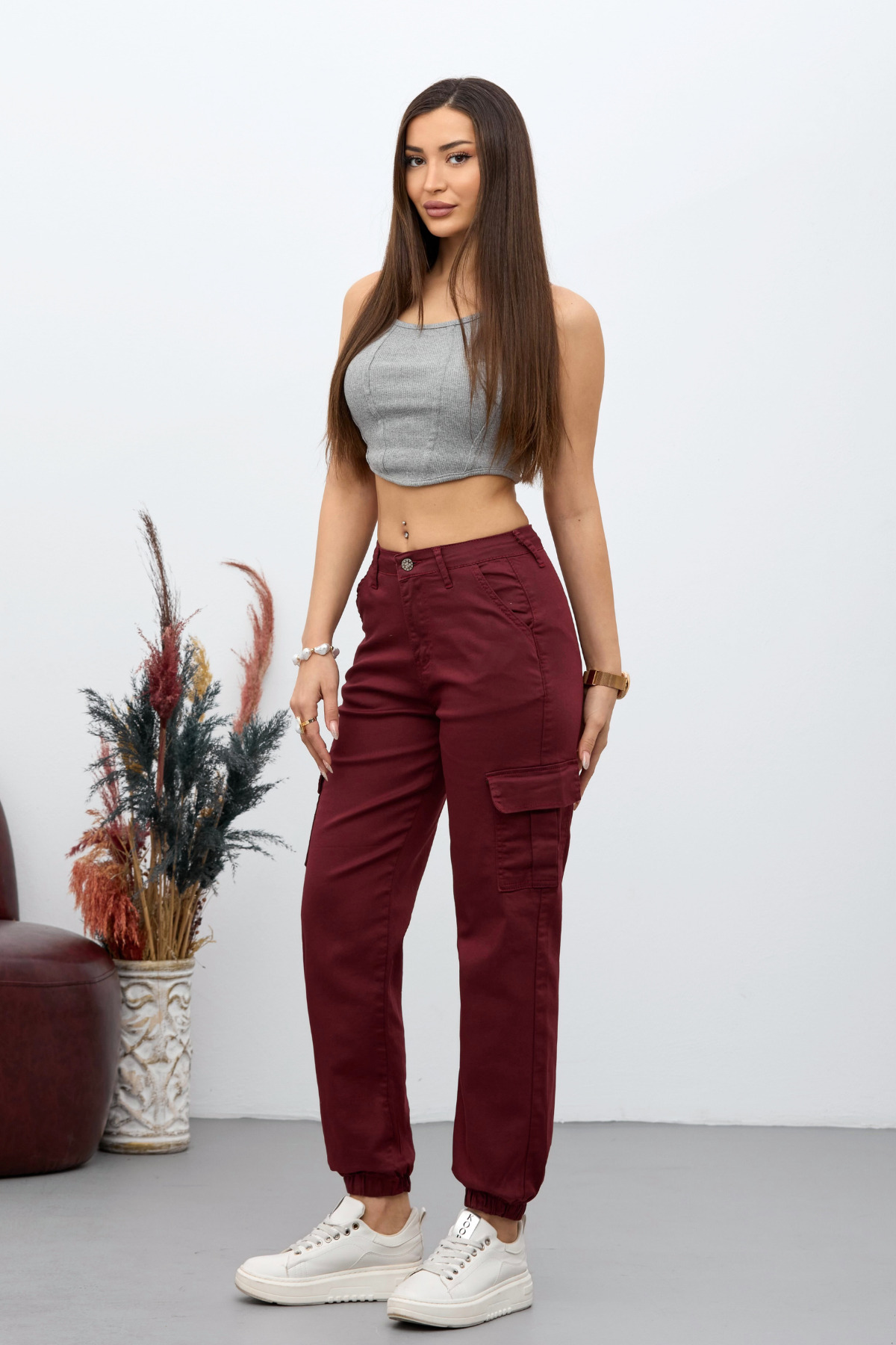 Bordo Kargo Cepli Gabardin Kumaş Pantolon 8