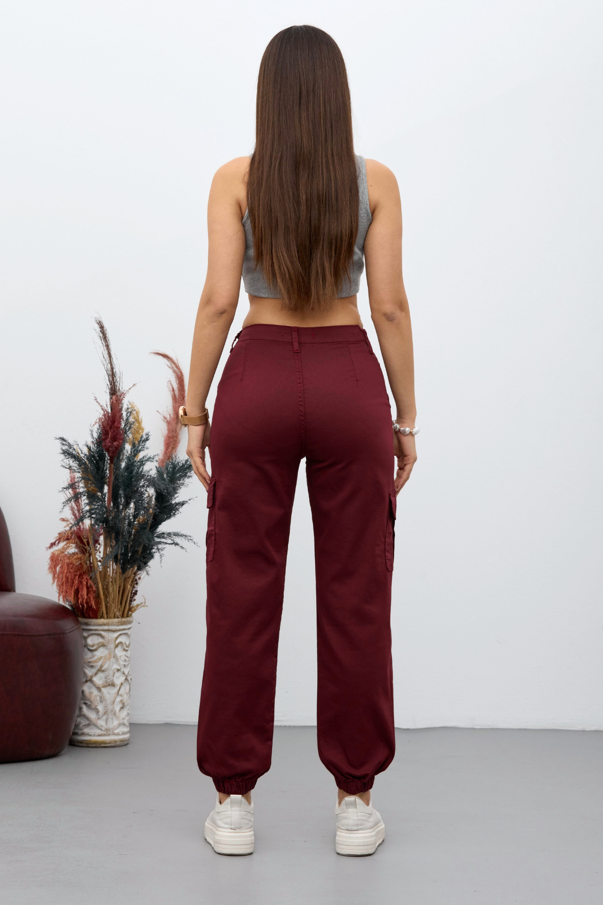 Bordo Kargo Cepli Gabardin Kumaş Pantolon 5