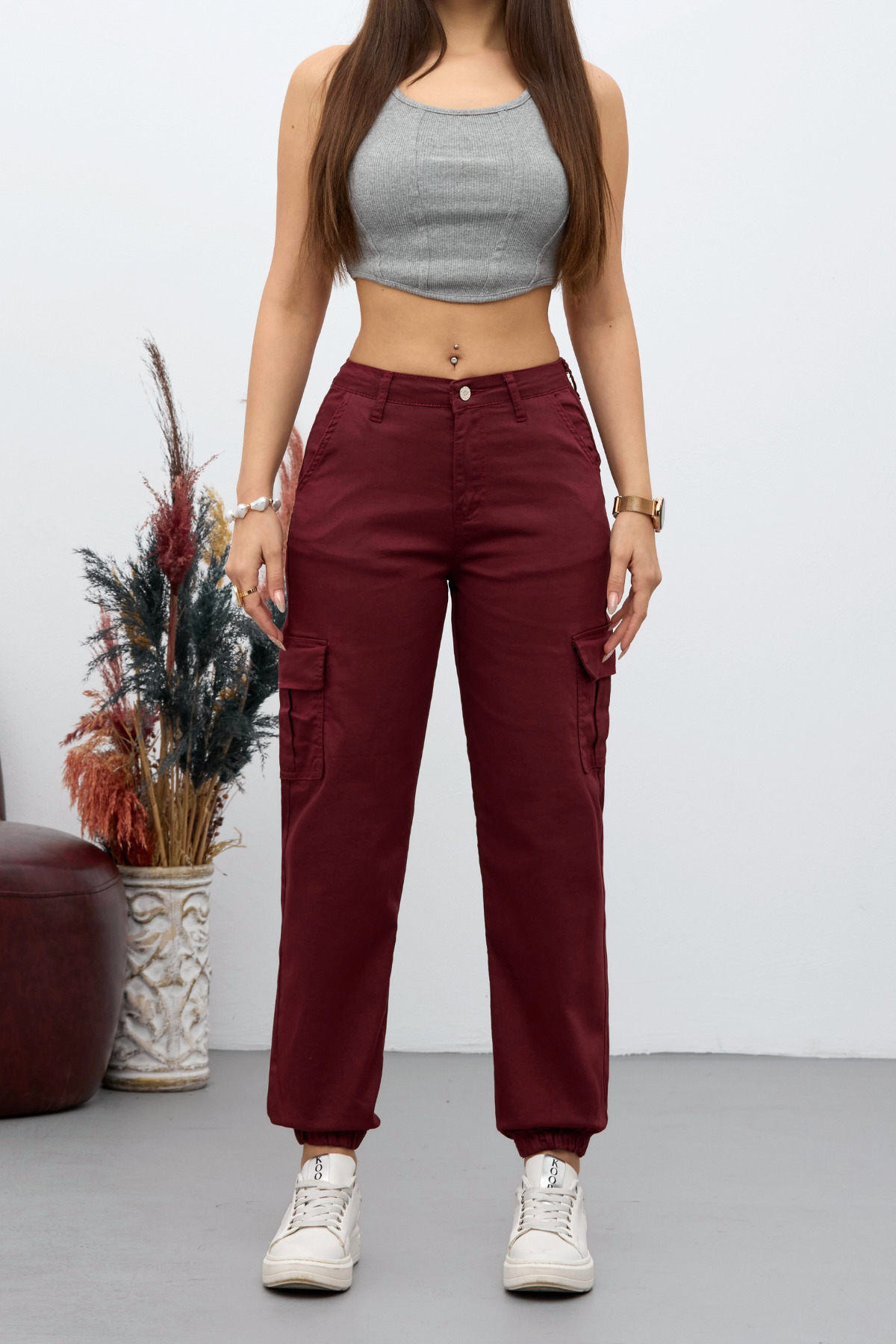 Bordo Kargo Cepli Gabardin Kumaş Pantolon 4