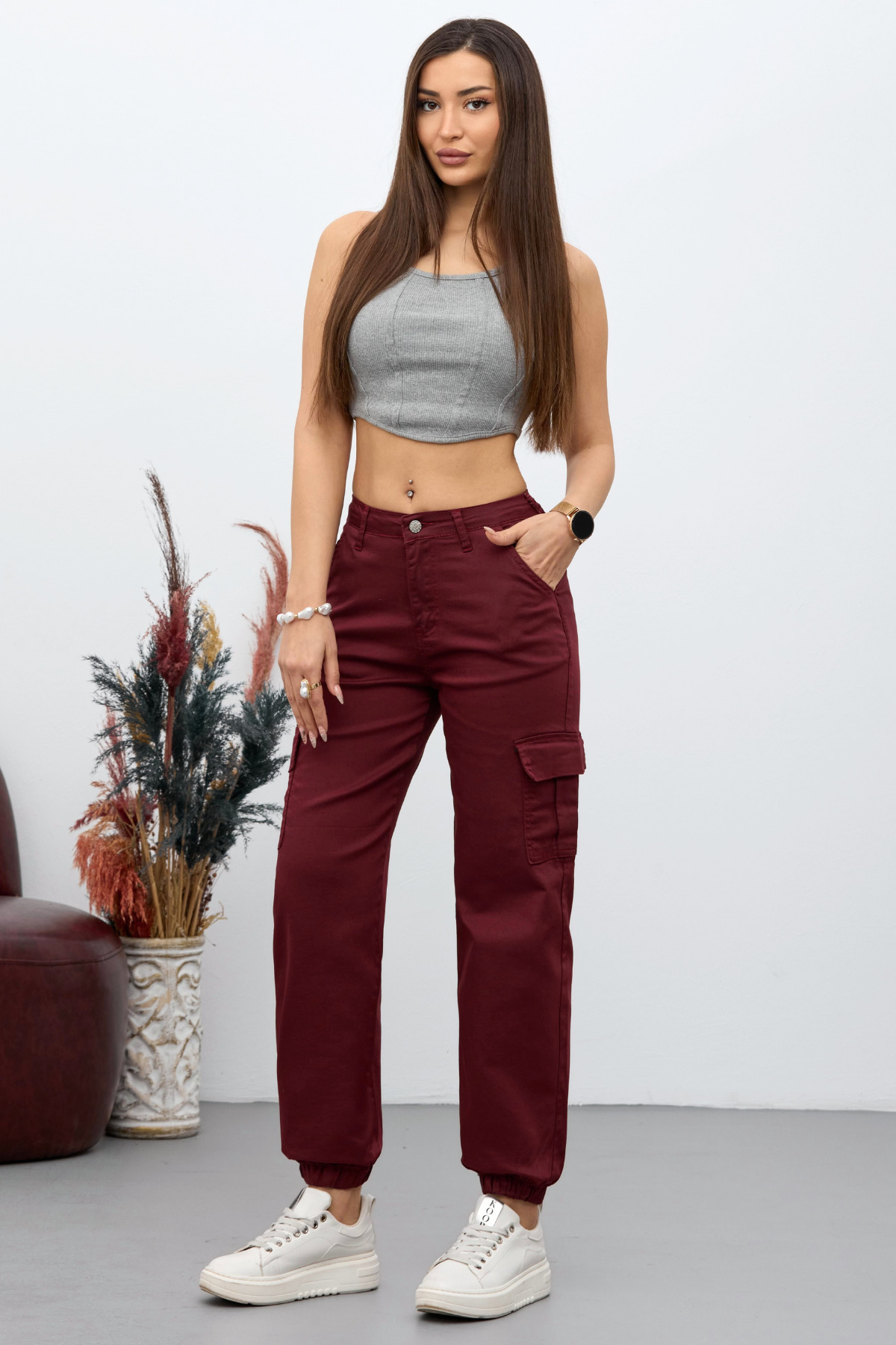 Bordo Kargo Cepli Gabardin Kumaş Pantolon 7