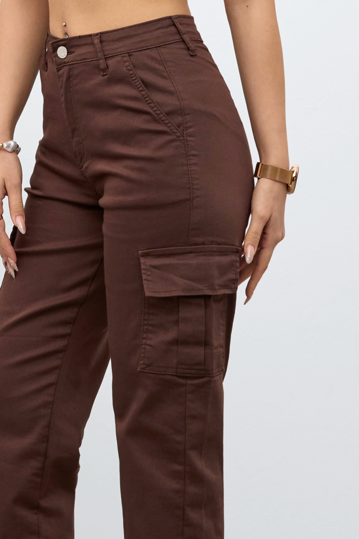 Kahve Kargo Cepli Gabardin Kumaş Pantolon 4